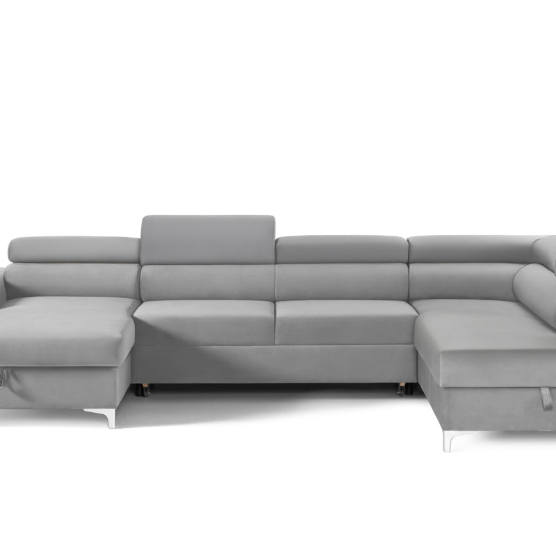Colțar Extensibil, în formă de U, TIME NEW, cu 2 lăzi de depozitare, cu tetiere reglabile, 360x220x95 cm Gri-Silver-Velluto Prestige Home