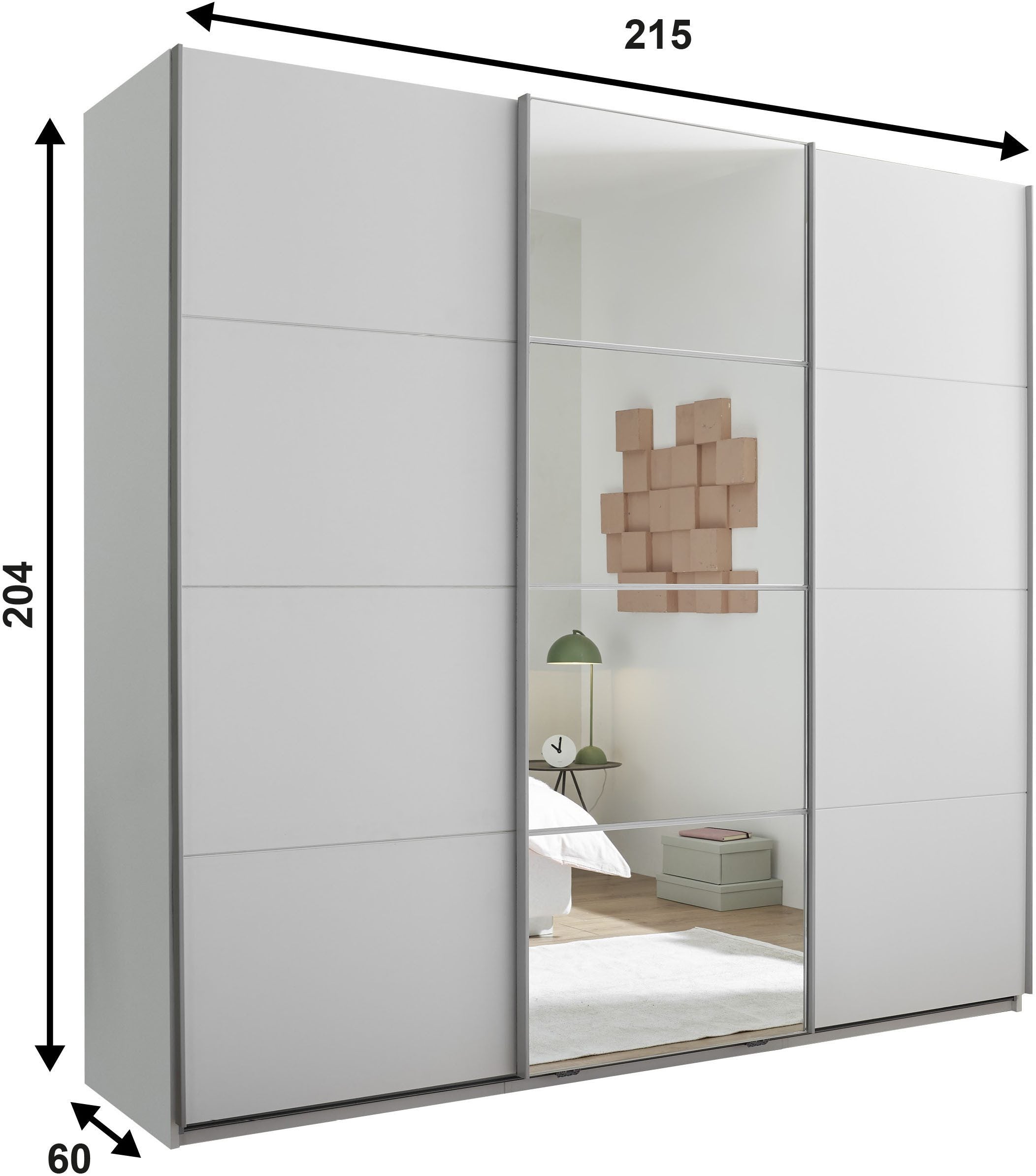 Dulap cu uși glisante și oglindă Carano, alb, 215×204 cm Arboteca
