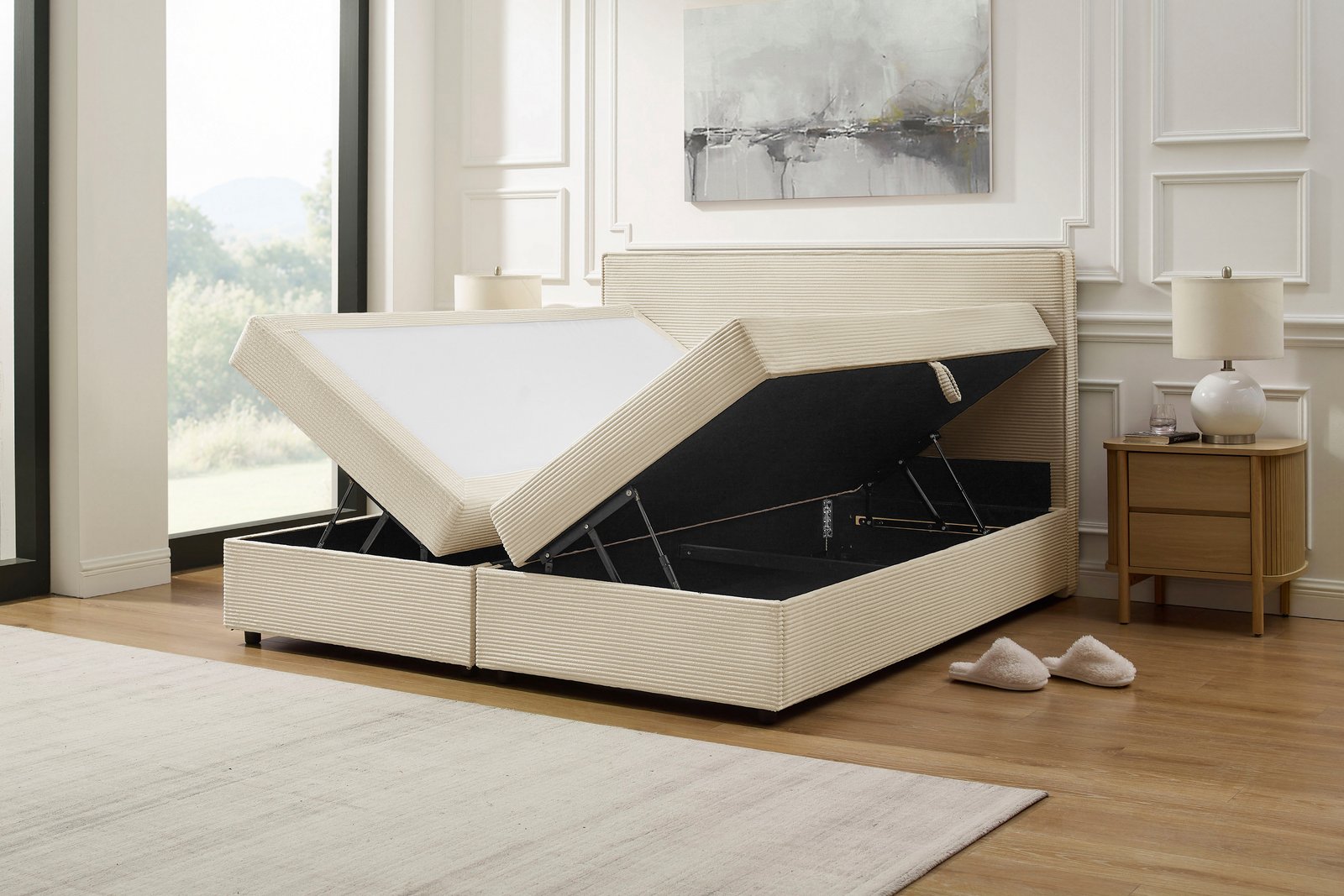 Pat tapițat Eliaas 180×200 din catifea reiată, cu ladă și topper, crem Arboteca