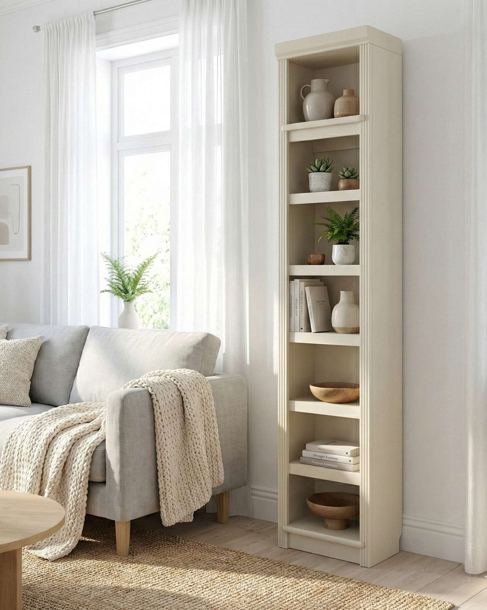 Bibliotecă Soeren din lemn masiv de pin, 7 rafturi, 40×29×220 cm – alb crem Arboteca