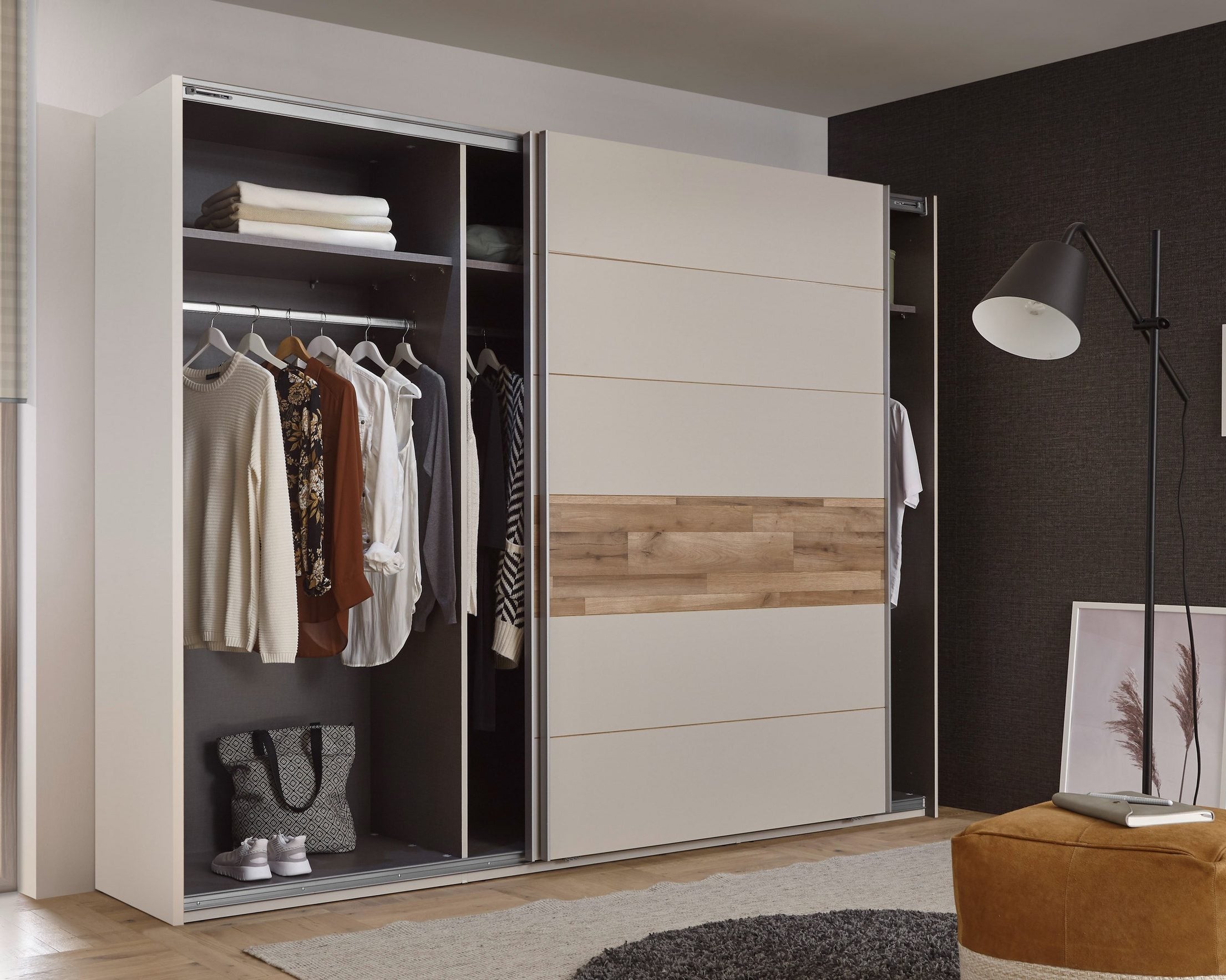 Dulap cu uși glisante Cadore, 2 uși, PAL, Champagne / Stejar Montana, 270×60×210 cm Arboteca