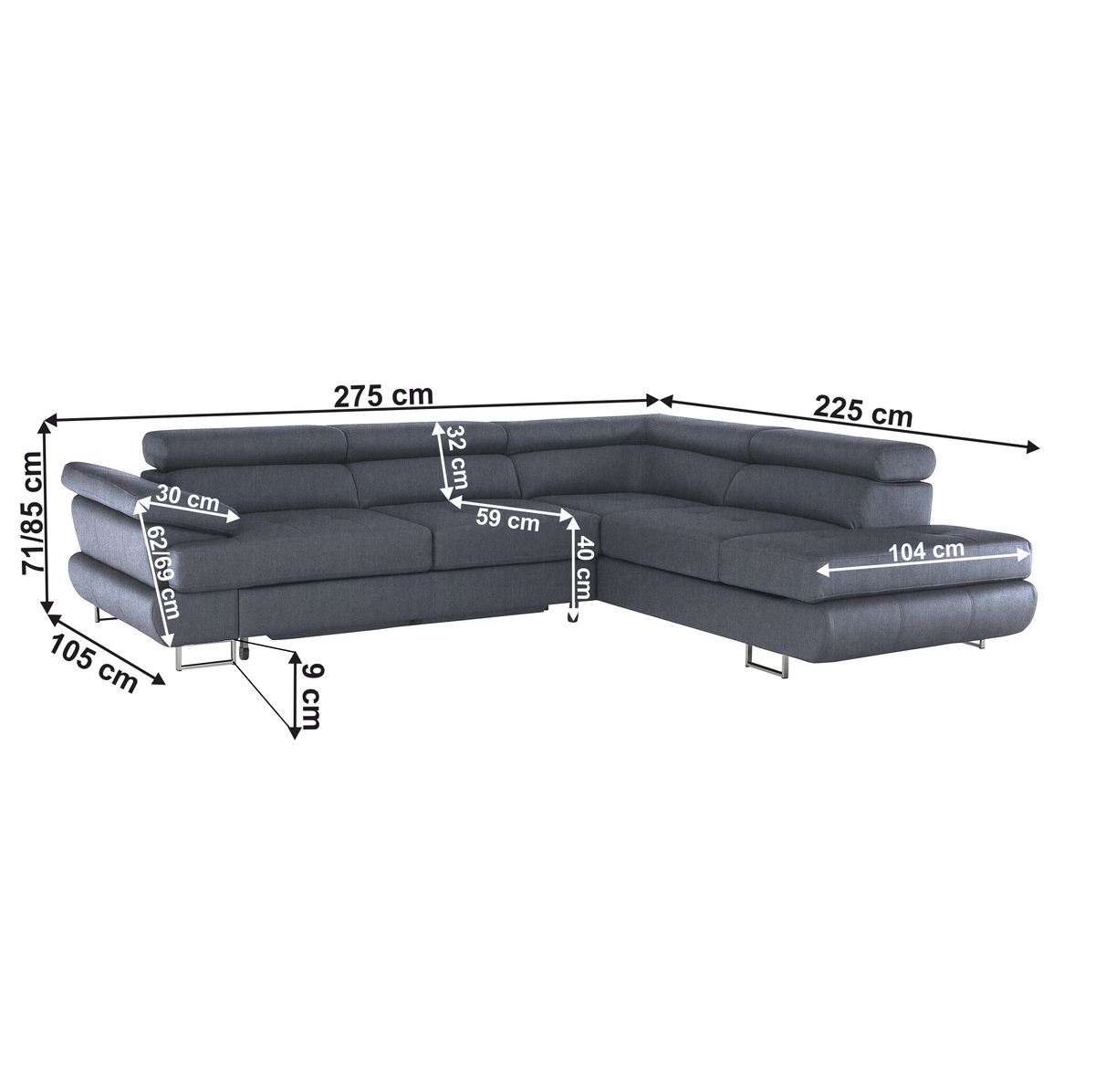 Set canapea cu spațiu de depozitare COMO, gri, pe dreapta, 275x225x71 cm Kondela