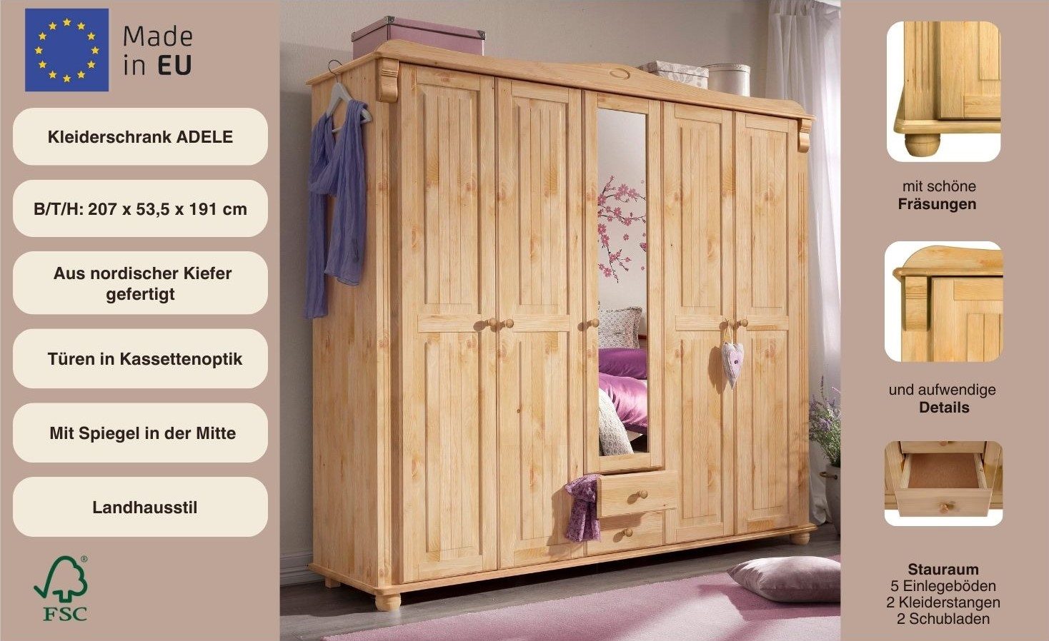 Dulap cu Uși Batante „Adele” – Lemn Masiv de Pin Natur, 207x53,5x191 cm, Stil Rustic Elegant, Cu Rafturi și Șine de Haine Arboteca