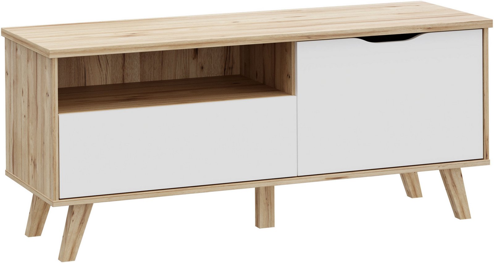 Comodă TV Vankka scandinavă, alb/lemn, 124×54×41 cm, picioare lemn masiv Arboteca