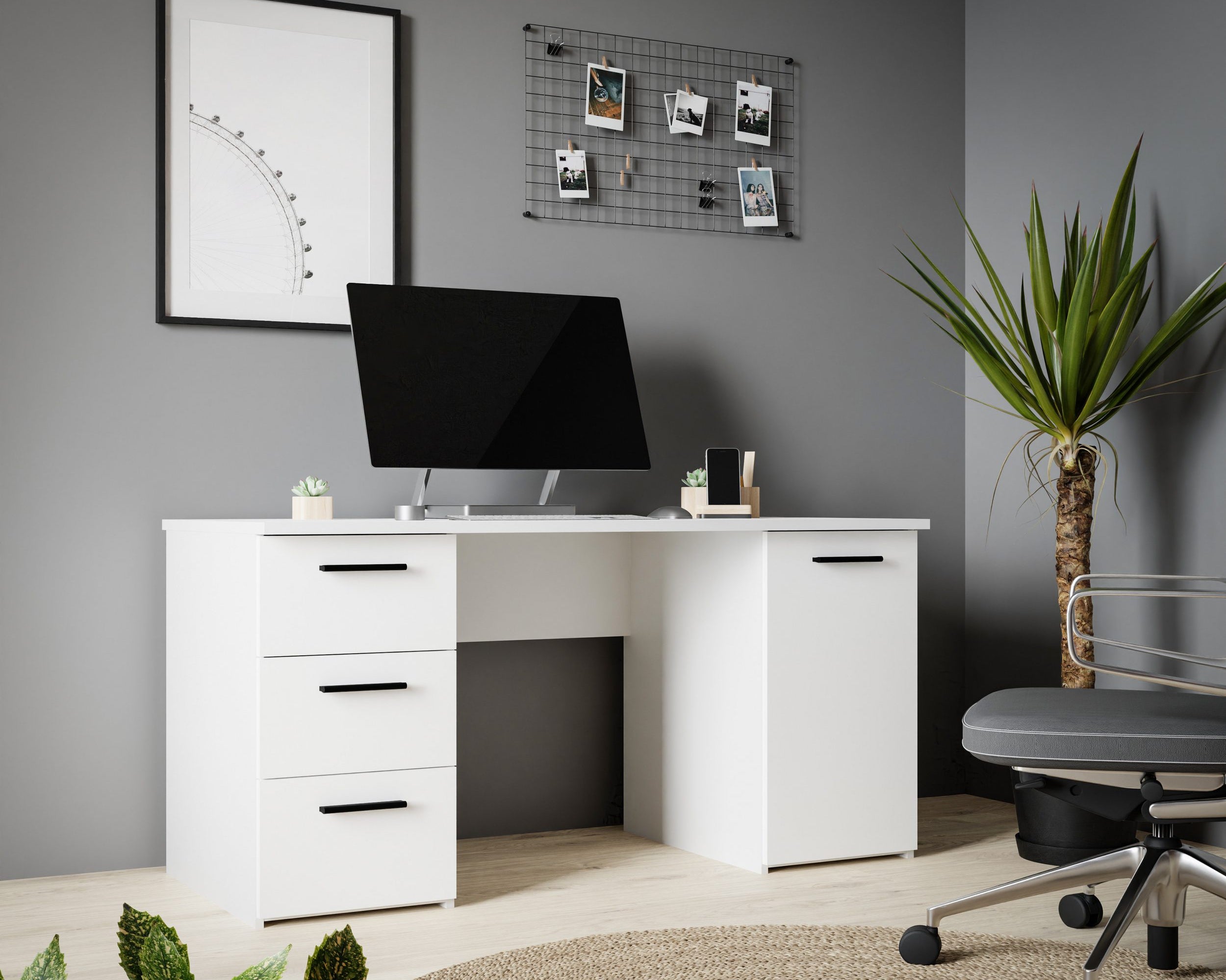 Birou Neuss cu sertare, PAL, alb, 138,2×60×75,3 cm Arboteca