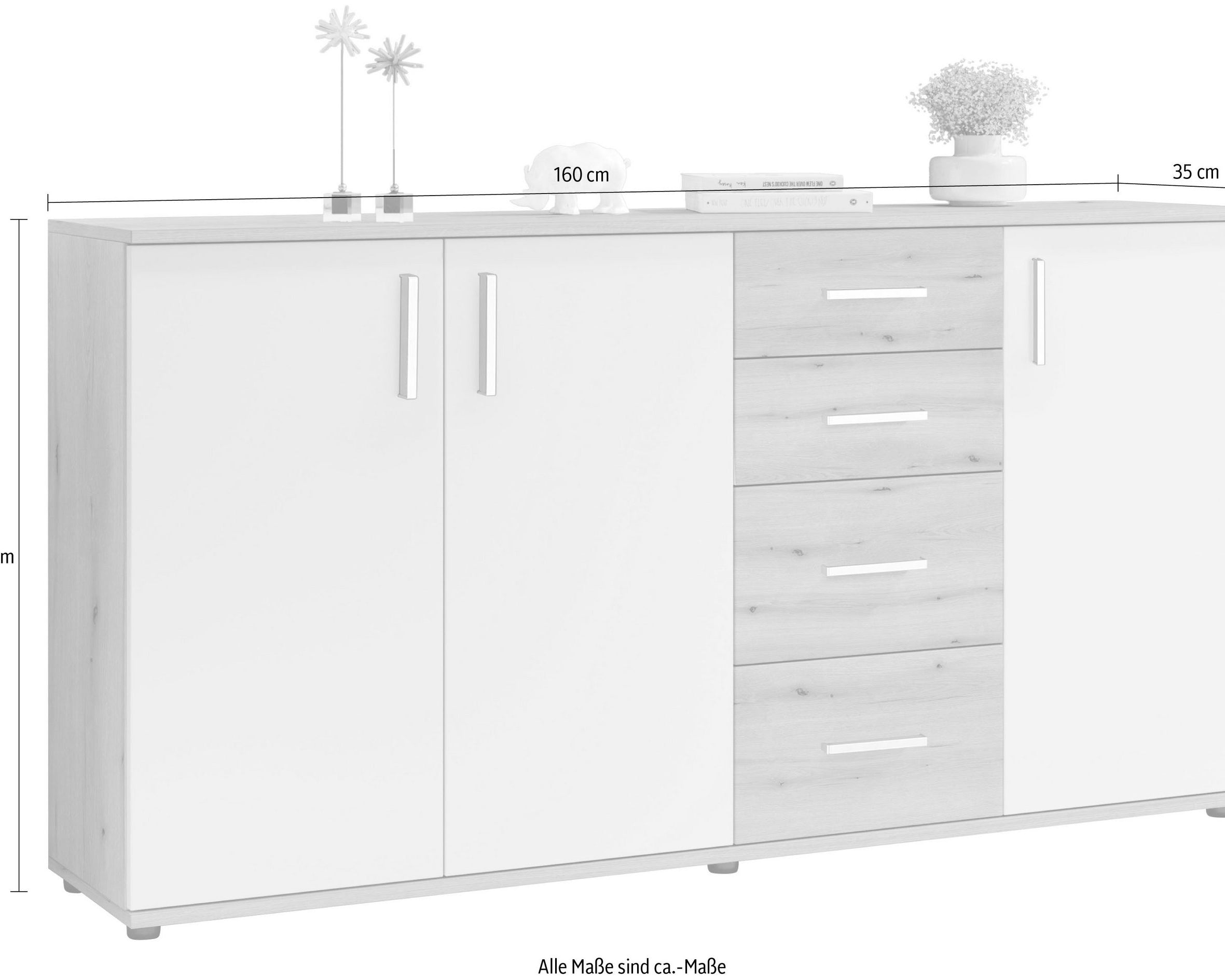 Comodă cu 3 uși și 4 sertare, Stejar Rustica / Alb, 160×84 cm Arboteca