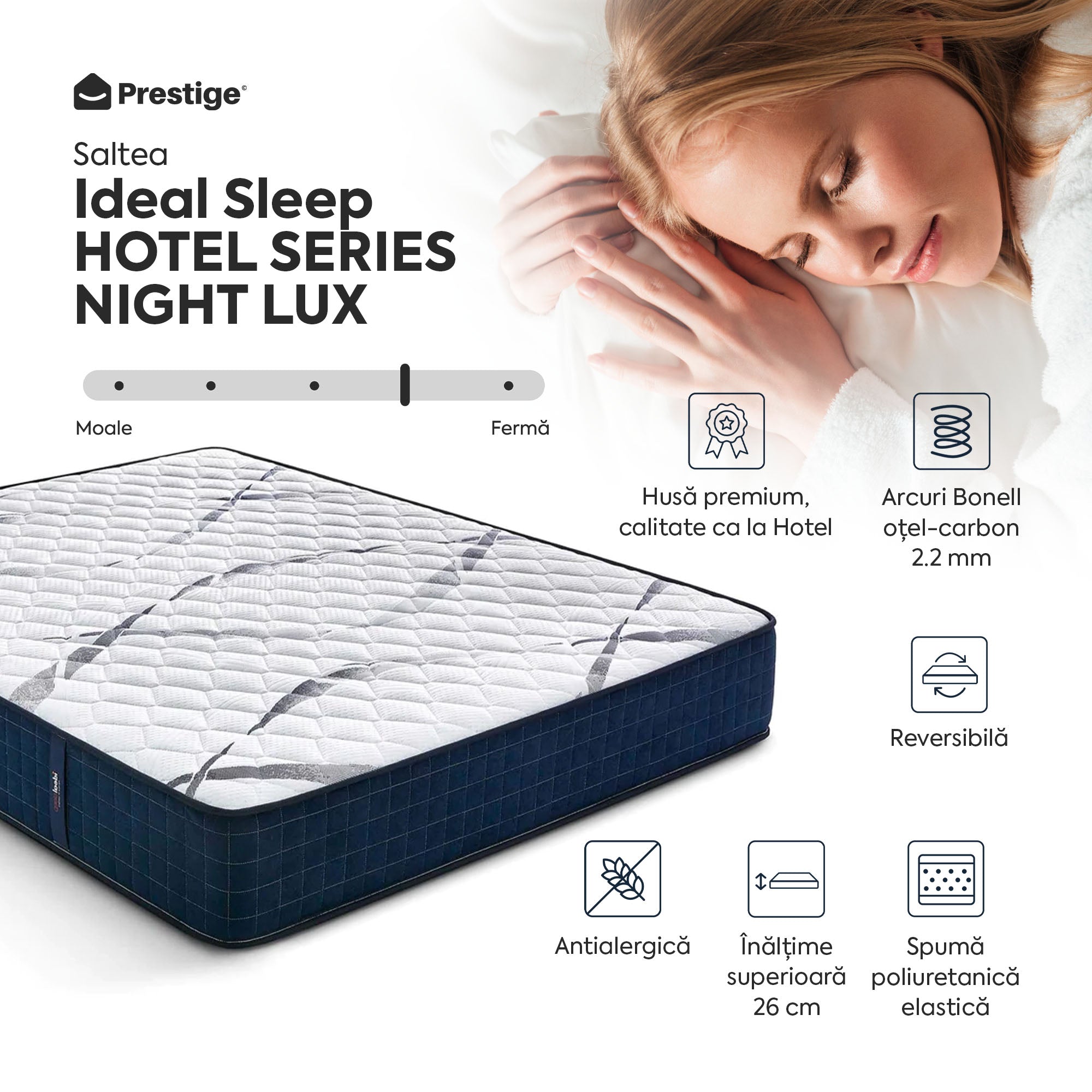 Saltea Ideal Sleep HOTEL SERIES NIGHT LUX, superortopedică, cu spumă poliuretanică și arcuri, husă cu aerisire optimă, Grosime 26 cm - Prestige Home