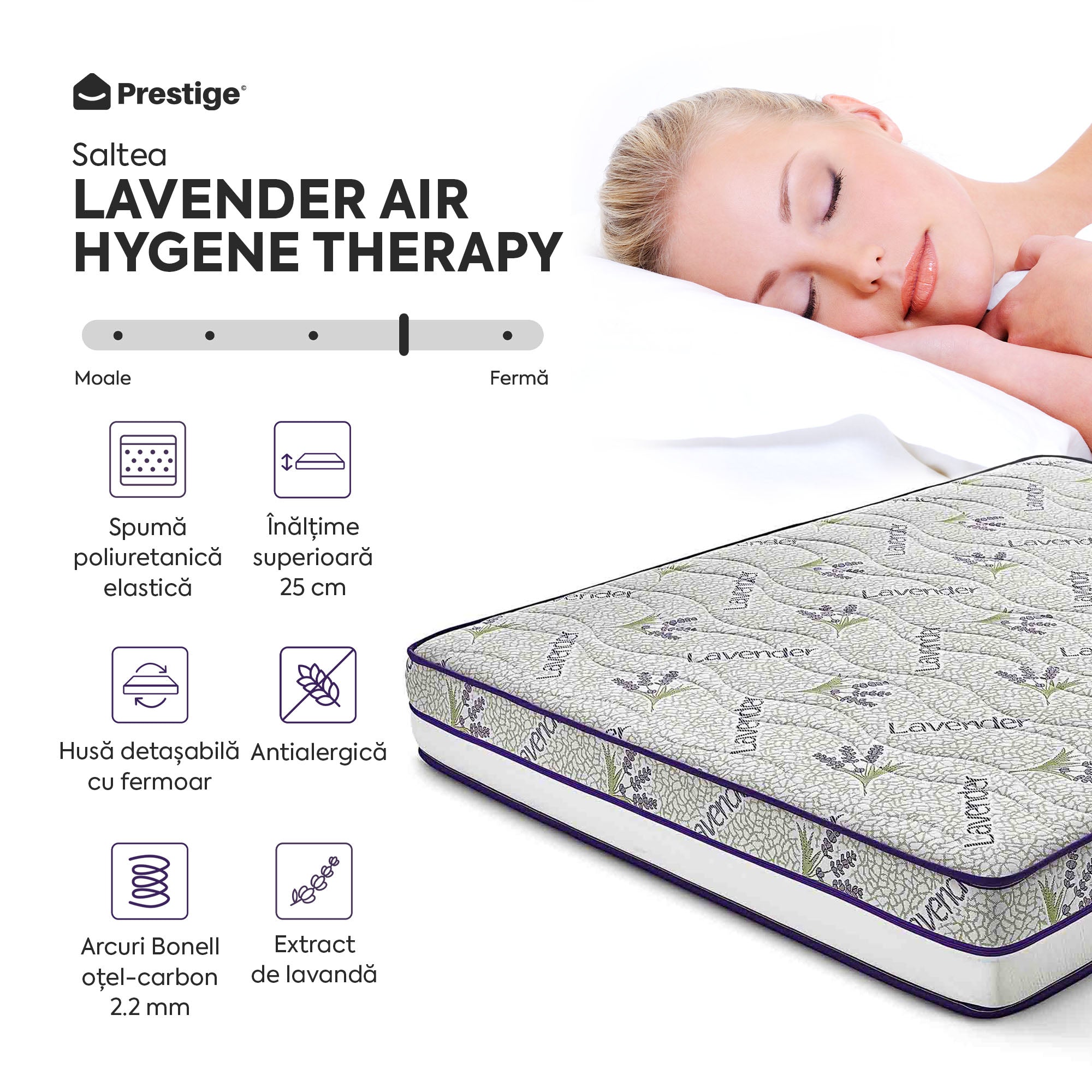 Saltea LAVENDER AIR HYGENE THERAPY, husă detașabilă, superortopedică, cu spumă poliuretanică și arcuri, Grosime 25 cm