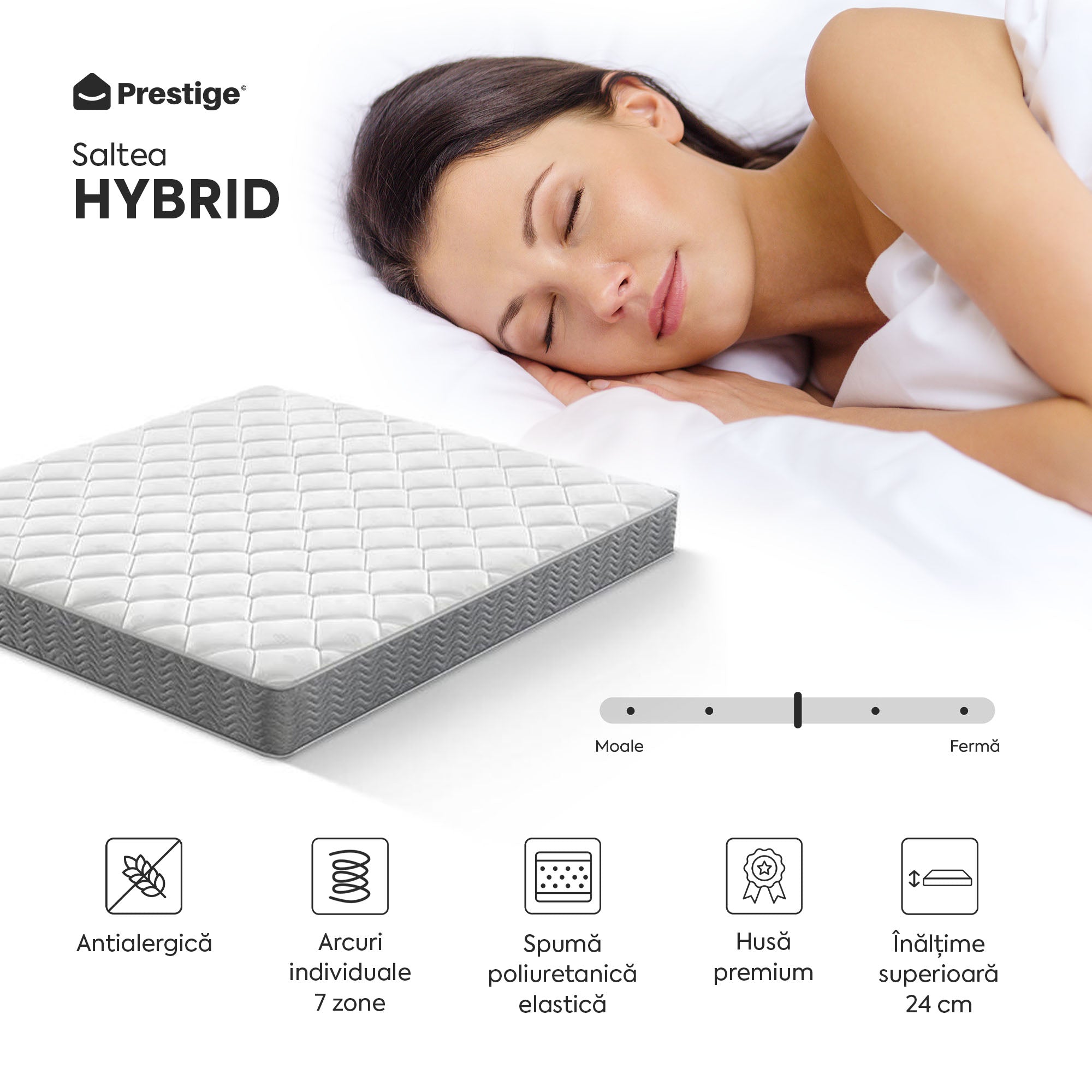 Saltea HYBRID, 7 zone de confort, Arcuri Individuale, husă antibacteriană, superortopedică, Grosime 24 cm - Prestige Home