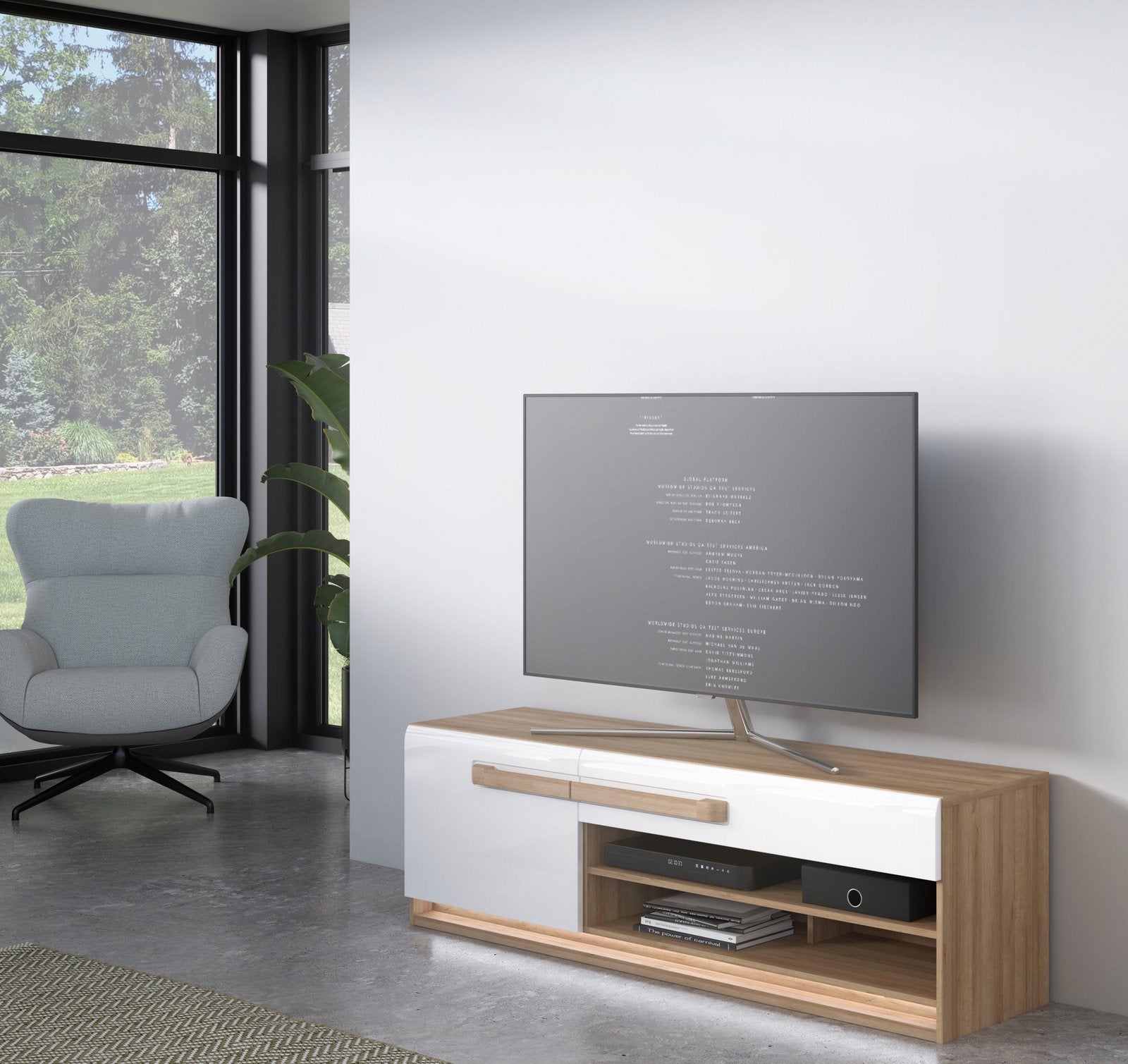 Comodă TV Attention cu iluminare LED, alb/lemn, 160×50×41 cm Arboteca