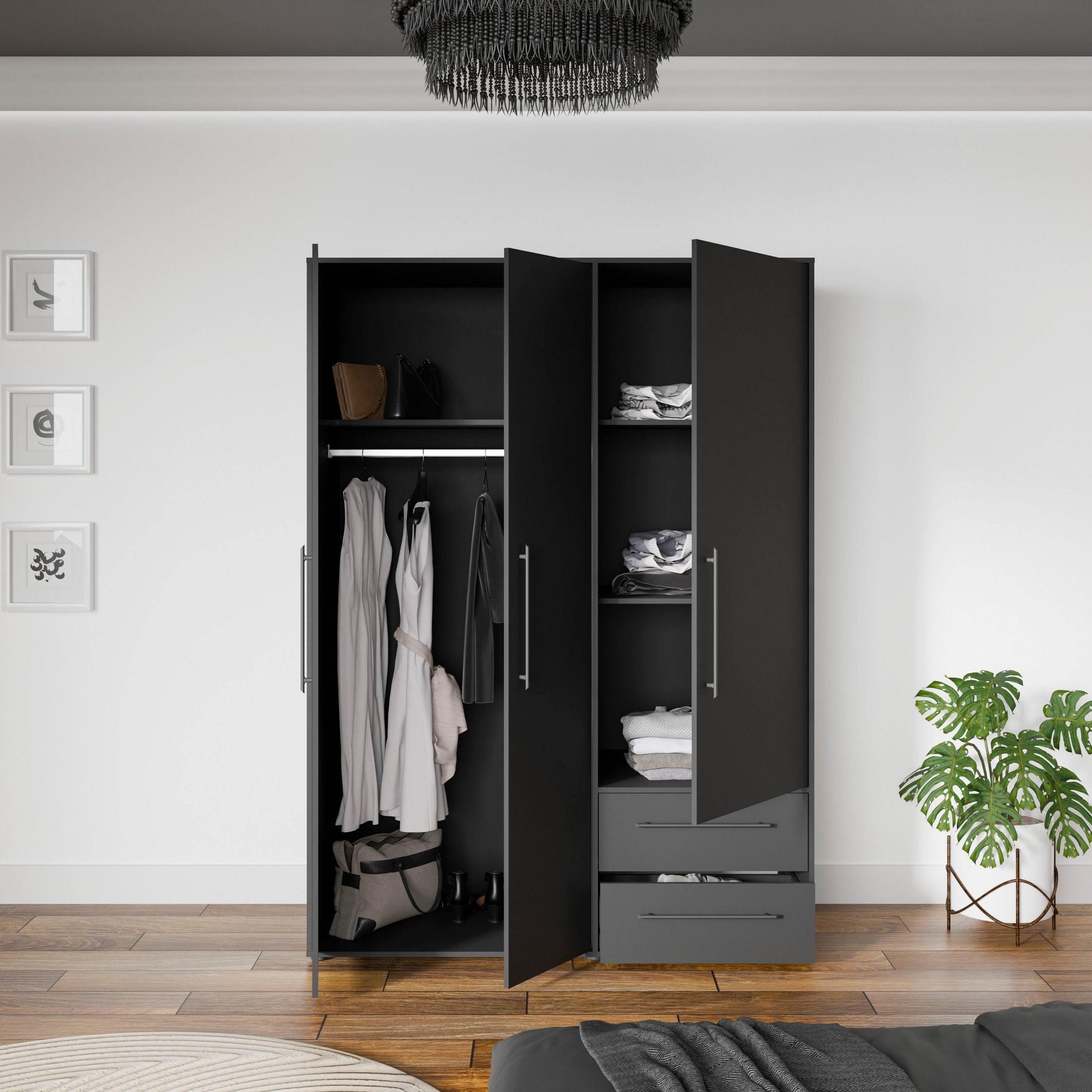 Dulap Negru TENDENCY cu Uși Batante și 2 Sertare – 144,4x58,8x200,1 cm Arboteca