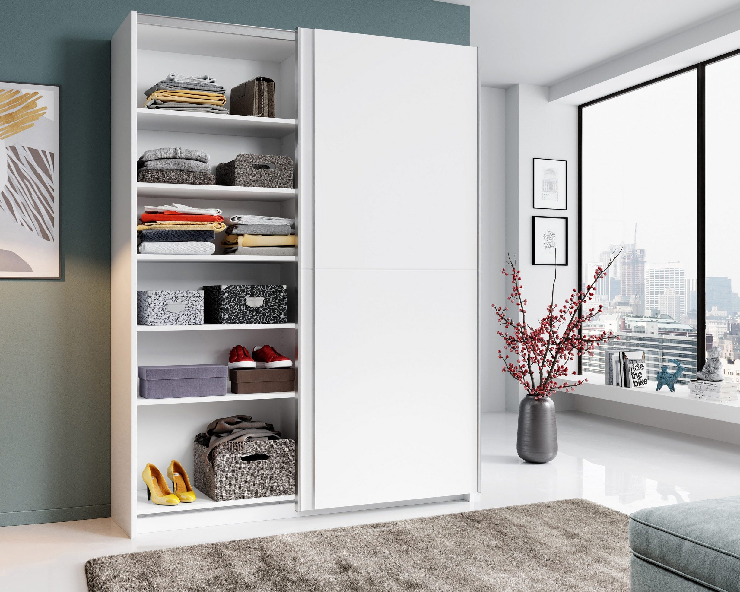 Dulap cu usi glisante Heimo , Alb , 150 cm latime , 38 cm adancime Arboteca