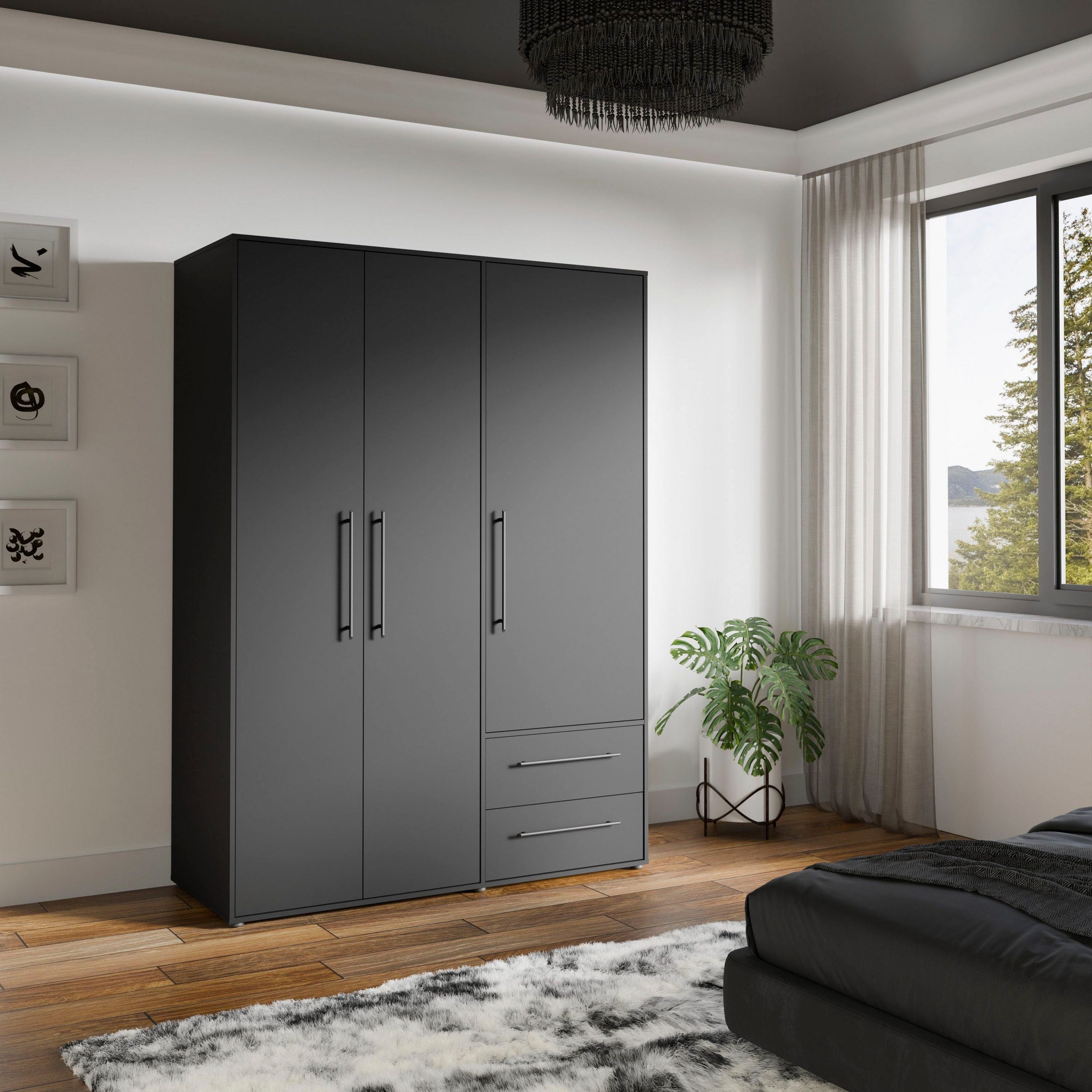 Dulap Negru TENDENCY cu Uși Batante și 2 Sertare – 144,4x58,8x200,1 cm Arboteca