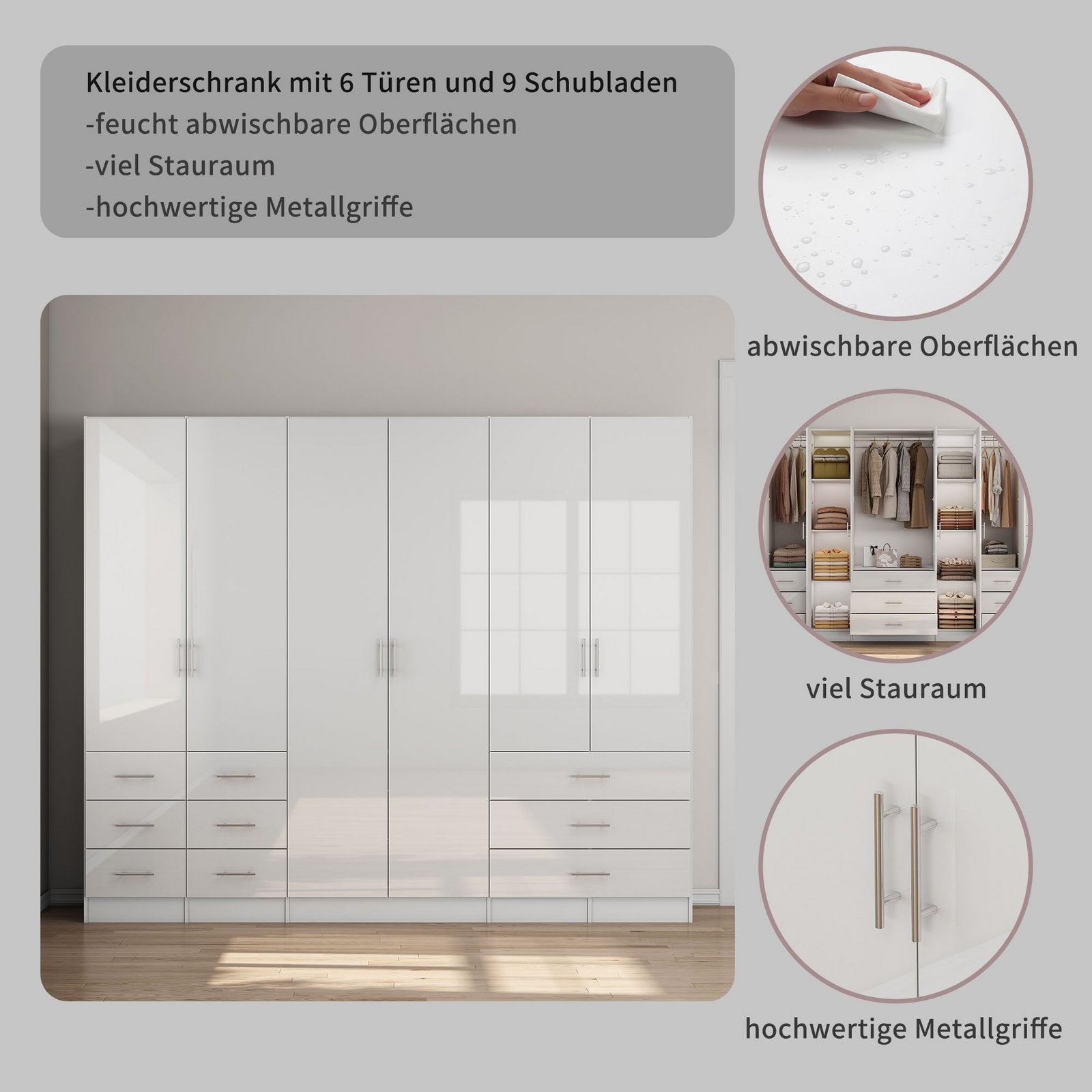 Dulap Trento cu 6 uși și 9 sertare, alb lucios, 240×200×56 cm Arboteca