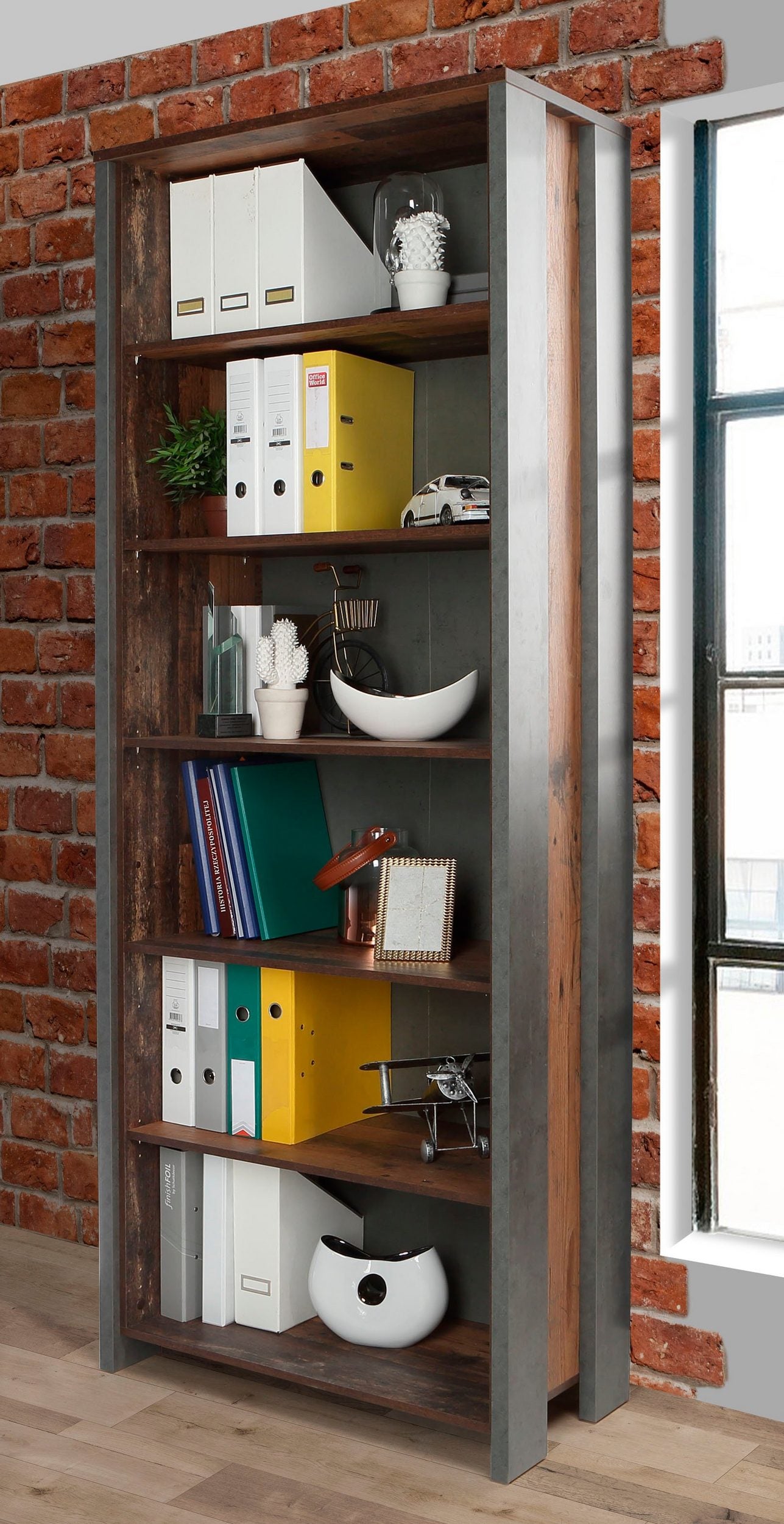 Etajera Clif industrial, PAL FSC®, 86×41,6×220,7 cm, lemn vintage / beton gri Arboteca