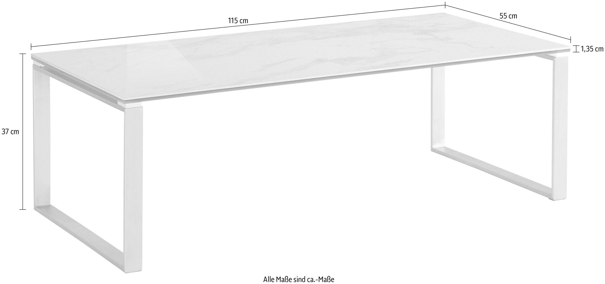 Măsuță de cafea Bamako, cadru otel inoxidabil, blat sticlă și ceramică cu aspect de marmură, 115 cm Arboteca