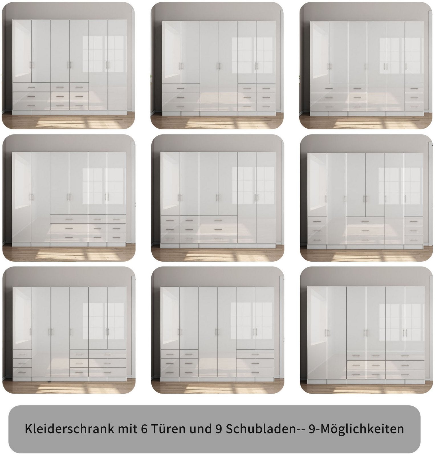 Dulap Trento cu 6 uși și 9 sertare, alb lucios, 240×200×56 cm Arboteca