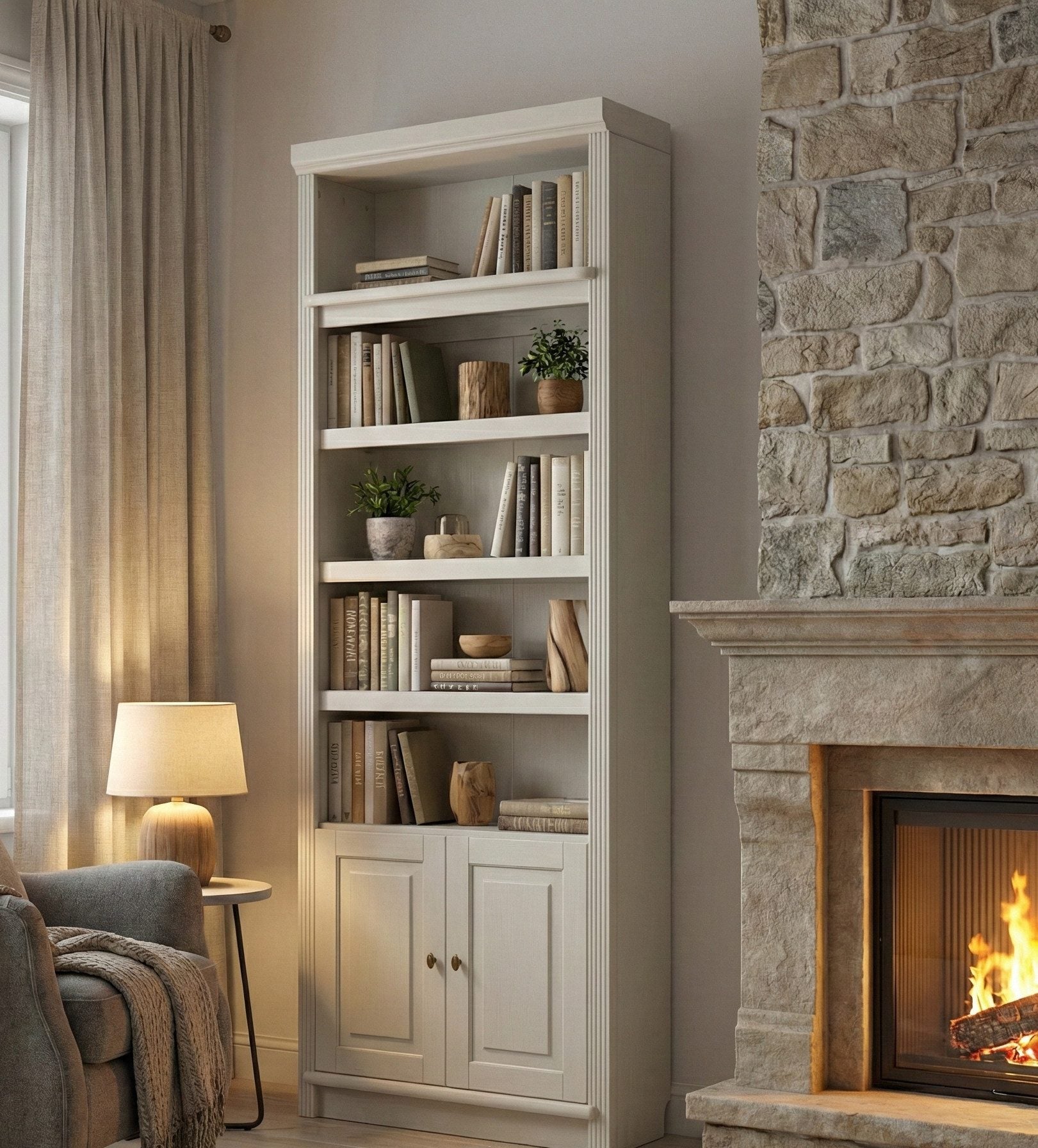 Bibliotecă din lemn masiv de pin Soeren, 2 uși, 80×29×220 cm – alb crem Arboteca
