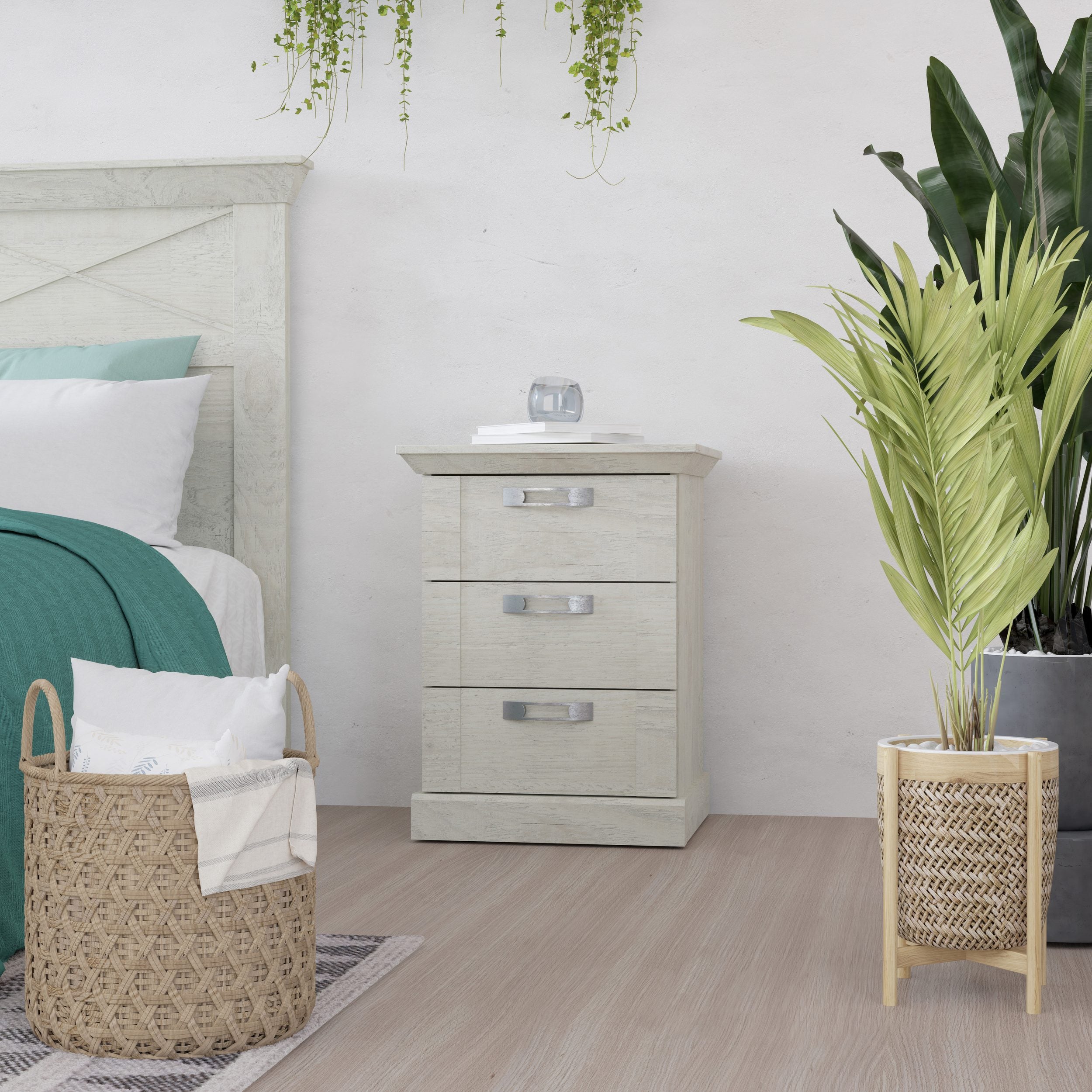 Set 2 noptiere Kashmir, 3 sertare, Pin Alb, 49,8×44,9×66 cm Arboteca