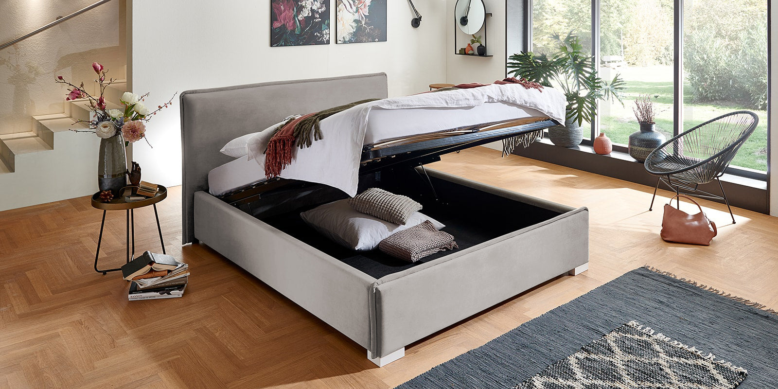 Pat Tapitat Nice, cu Lada Rabatabil, Velur-Verde-Smarald, Prestigehome.ro, Prestige, #Color_swing-bej