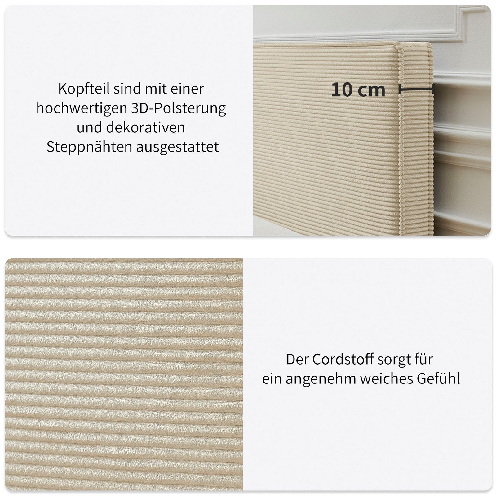 Pat tapițat Eliaas 180×200 din catifea reiată, cu ladă și topper, crem Arboteca