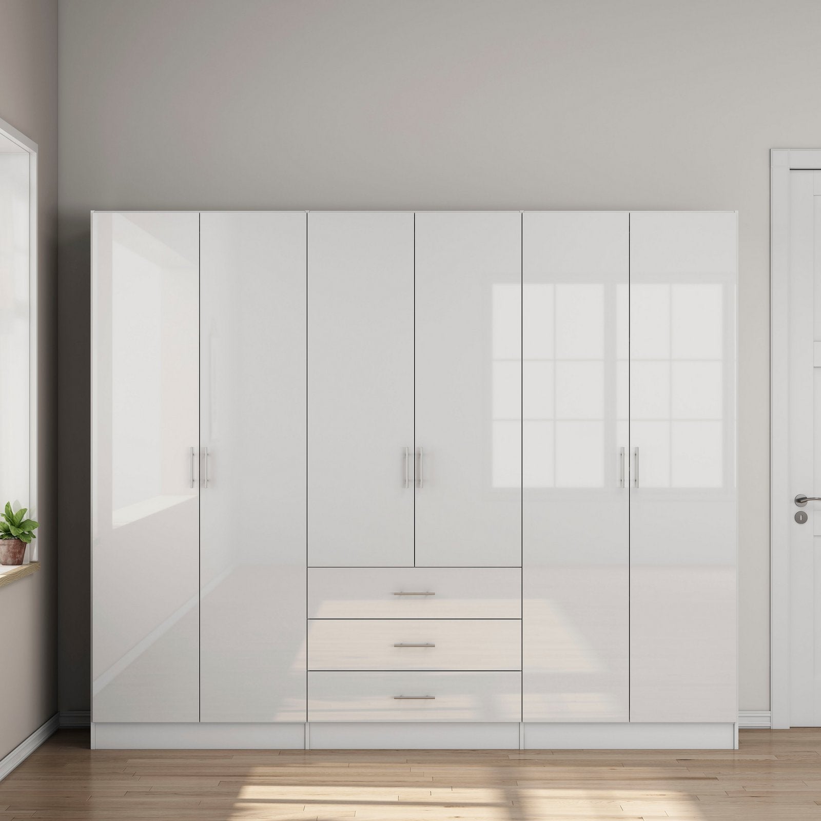 Dulap Trento cu 6 uși și 3 sertare, alb lucios, 240×200×56 cm Arboteca