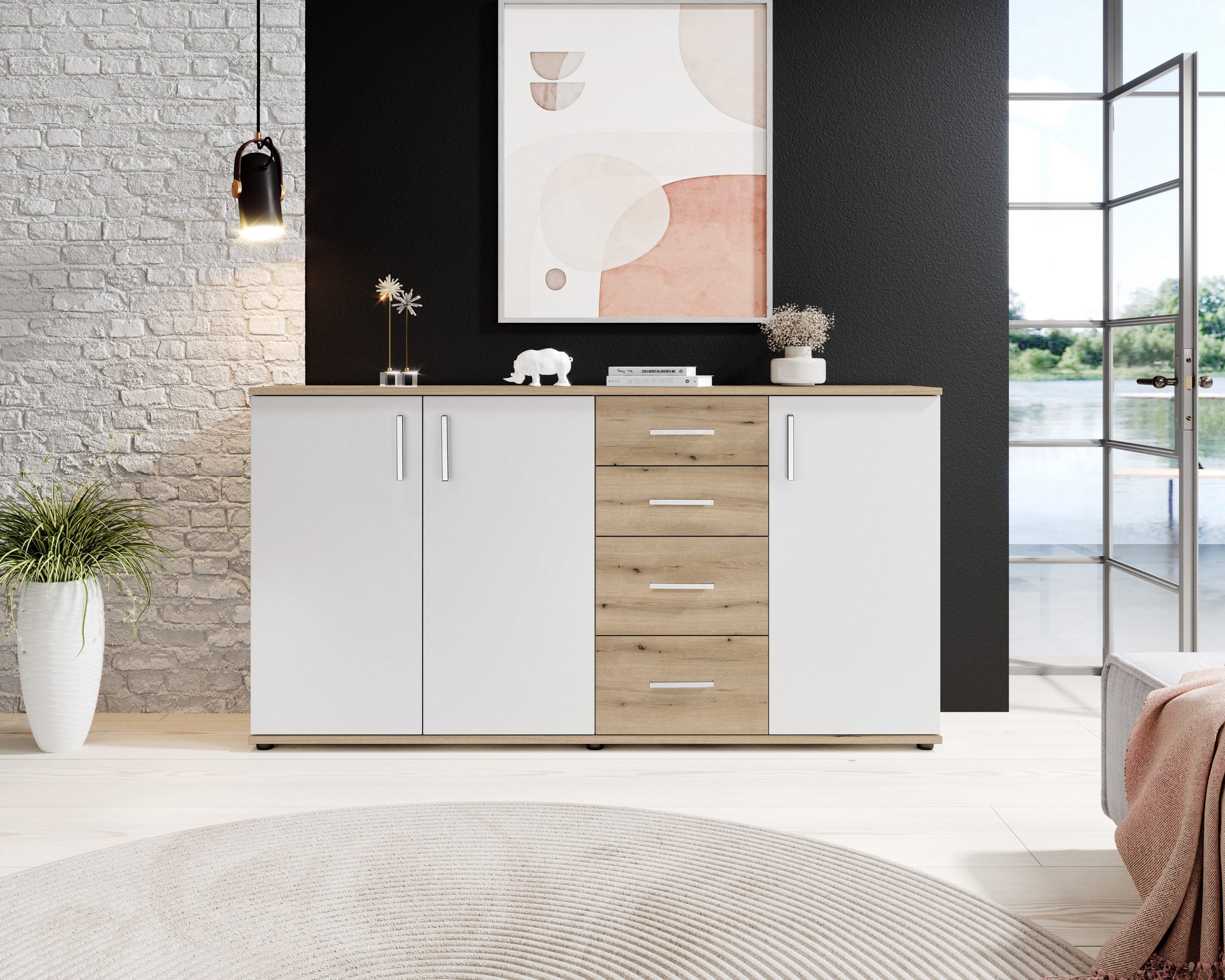 Comodă cu 3 uși și 4 sertare, Stejar Rustica / Alb, 160×84 cm Arboteca