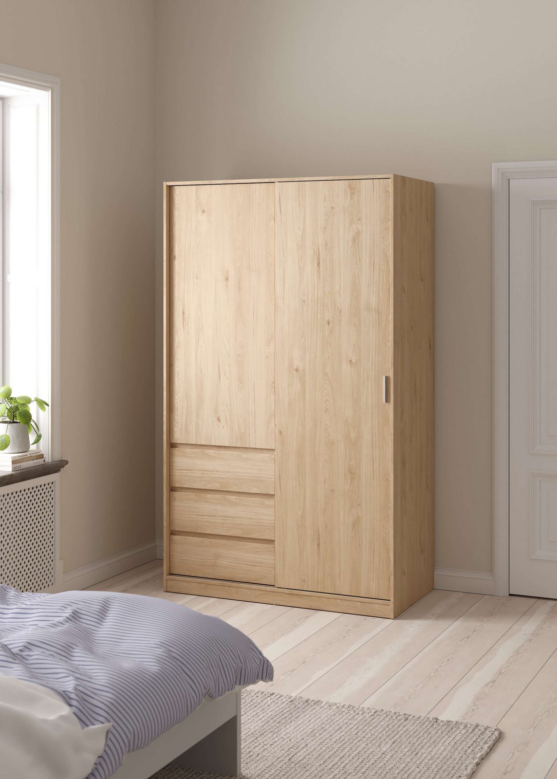 Dulap Naia cu uși glisante și 3 sertare, aspect lemn, 118×200×60 cm Arboteca