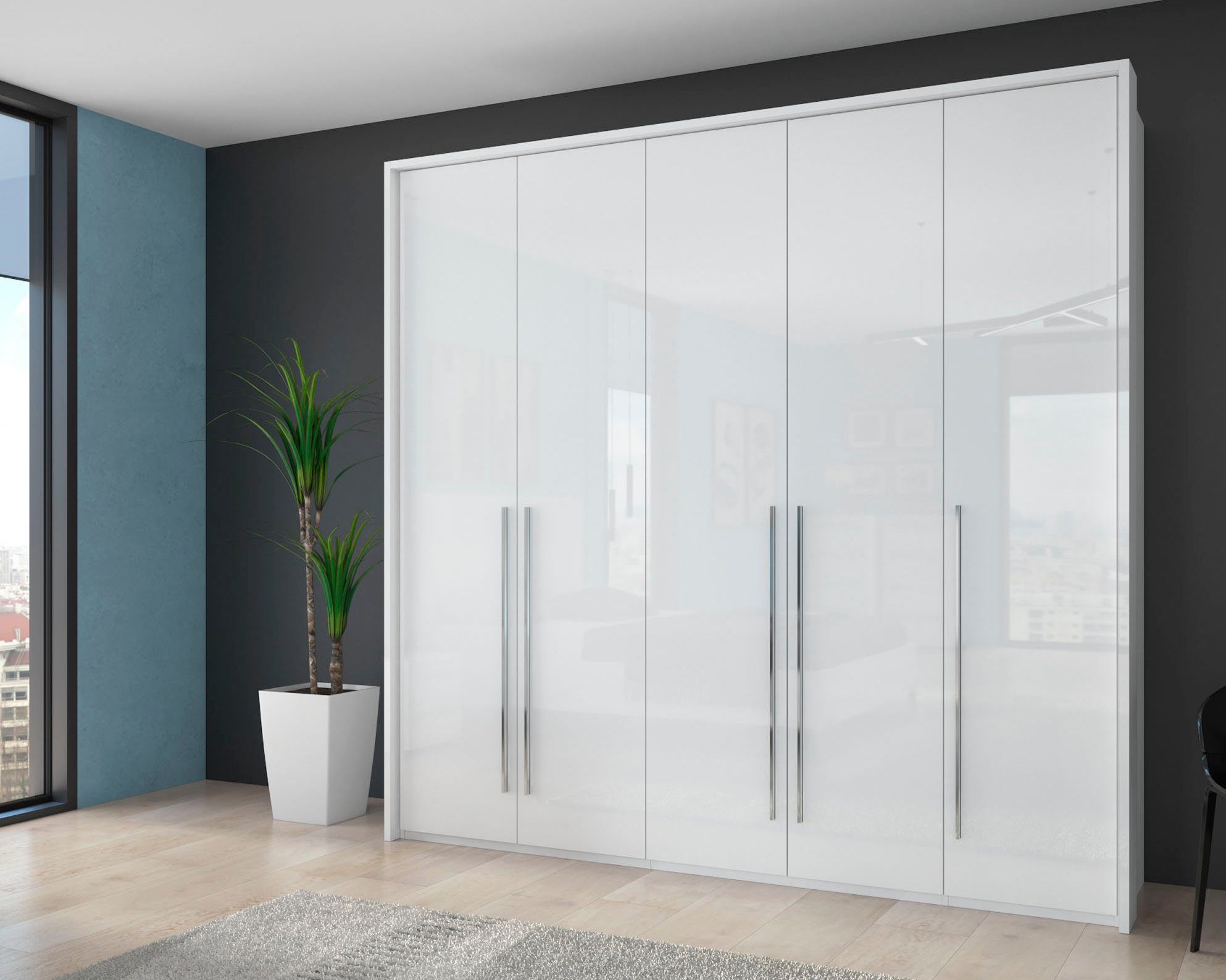 Dulap cu cinci usi Piano , Iluminare LED , Alb lucios , 232 cm latime Arboteca