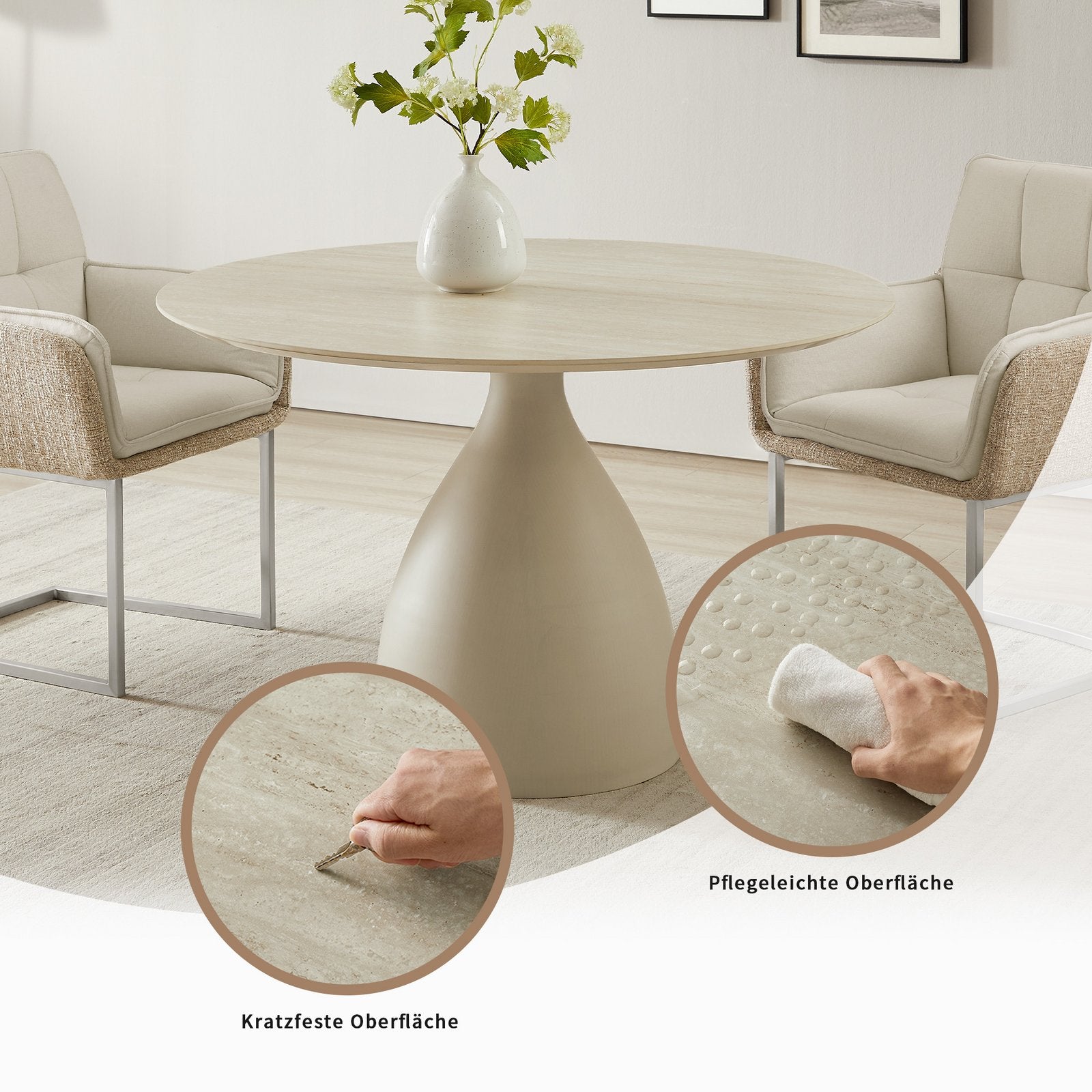 Masă de dining Lealux cu blat din piatră sinterizată, bej, 120 cm Arboteca