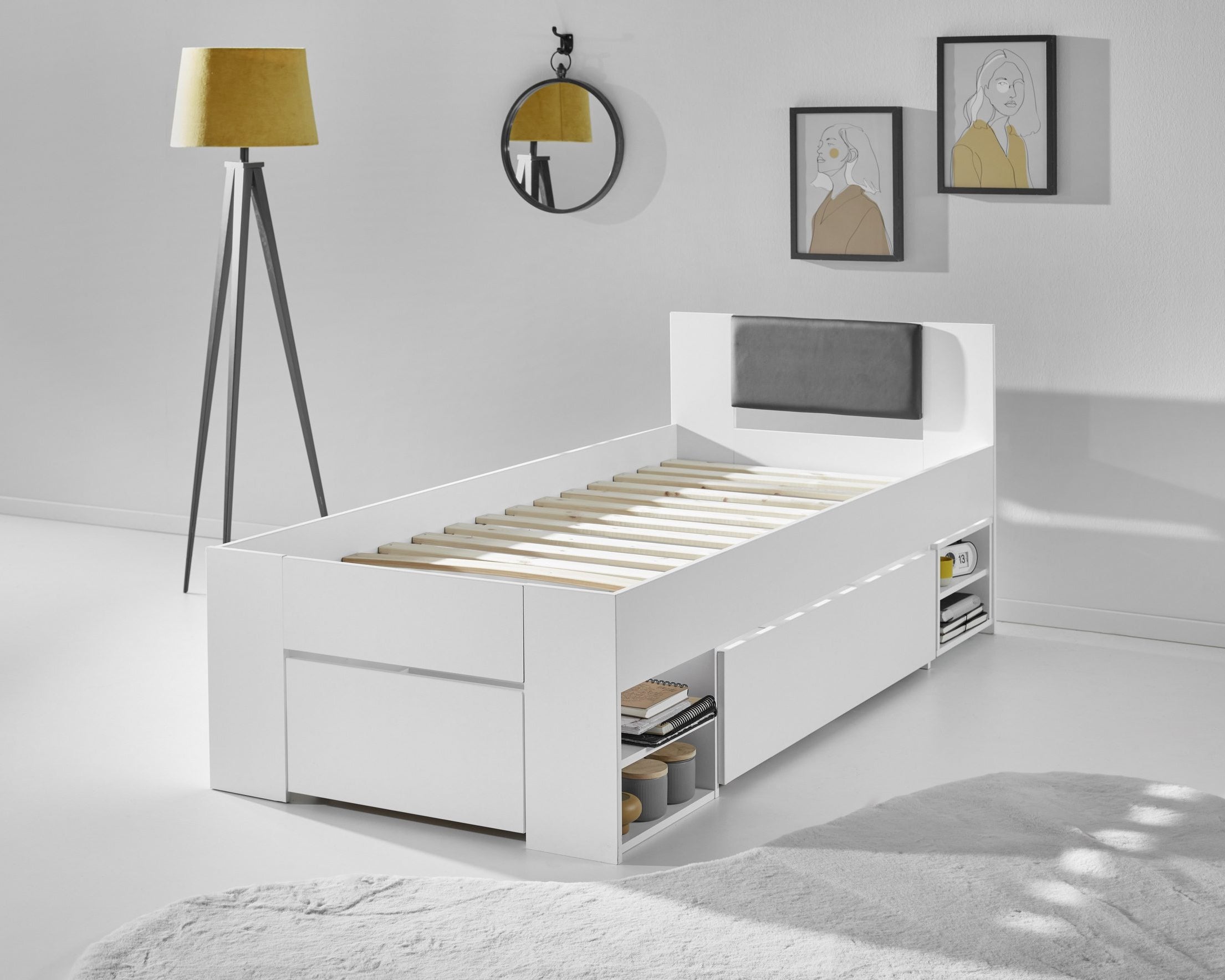 Pat single Relita – cu sertare mari, noptieră pe roți și spațiu de depozitare – alb, 90x200 cm Arboteca