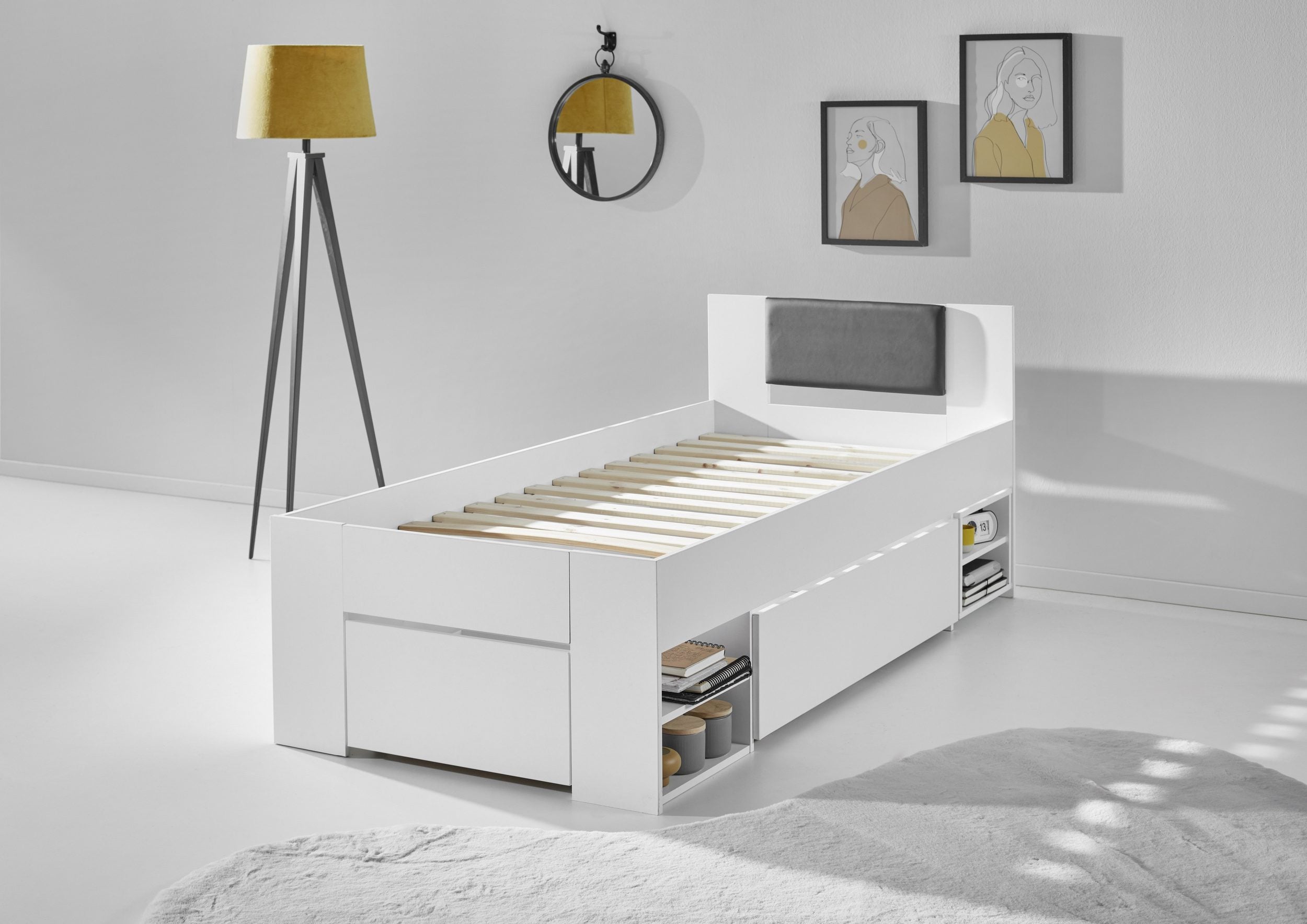 Pat single Relita – cu sertare mari, noptieră pe roți și spațiu de depozitare – alb, 90x200 cm Arboteca