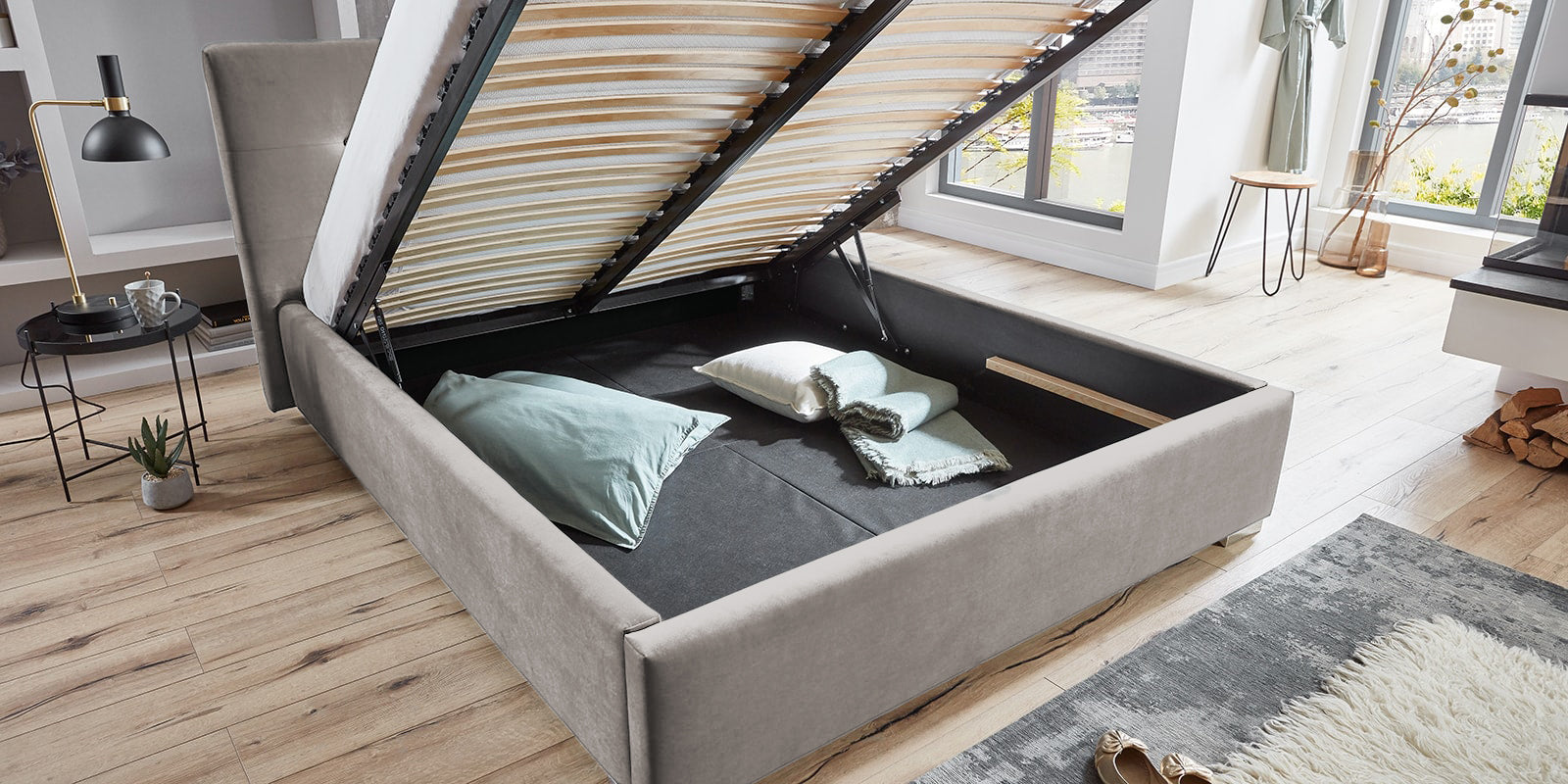 Pat Tapitat Lille, cu Lada Rabatabil, Velur-Antracit, Prestigehome.ro, Prestige, #Color_swing-bej