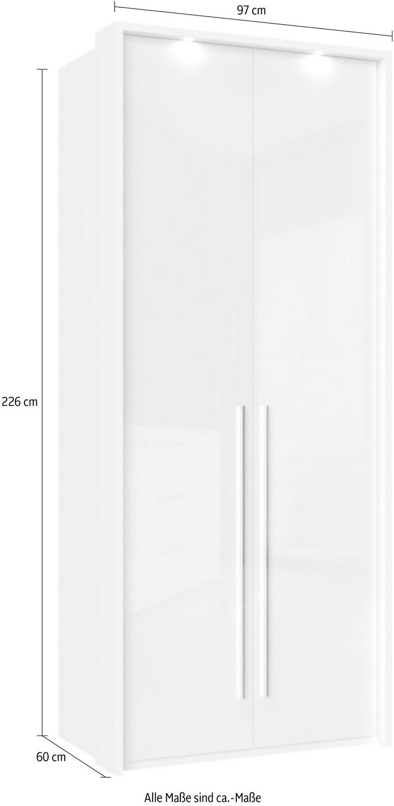 Dulap Piano cu 2 uși, ramă și iluminare LED, alb lucios, 97×226×60 cm Arboteca