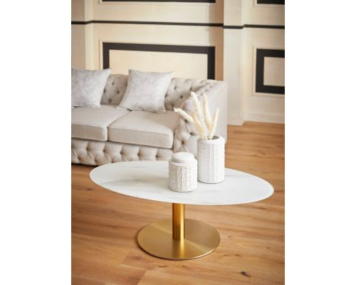 Masuță de cafea sticlă Shinely, aspect marmură, cadru metalic, alb-auriu, 120x64x40 cm Arboteca
