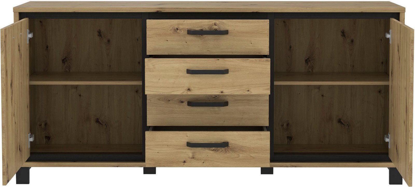 Comodă Sideboard Trondheim cu 2 uși și 4 sertare, negru stejar artisan, 178 cm Arboteca