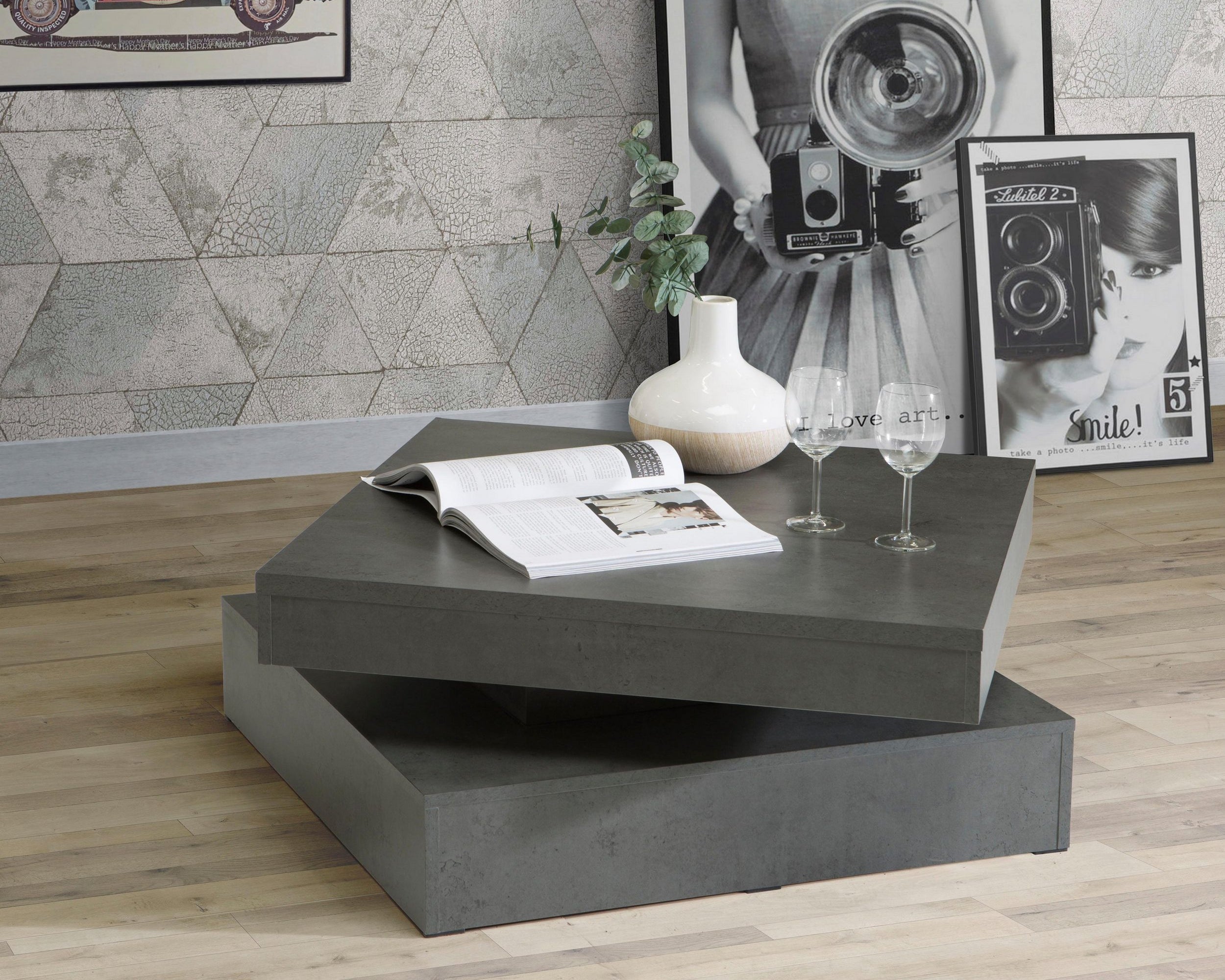 Măsuță de cafea FORTE cu blat rotativ, PAL, beton închis, 78×78×35 cm Arboteca