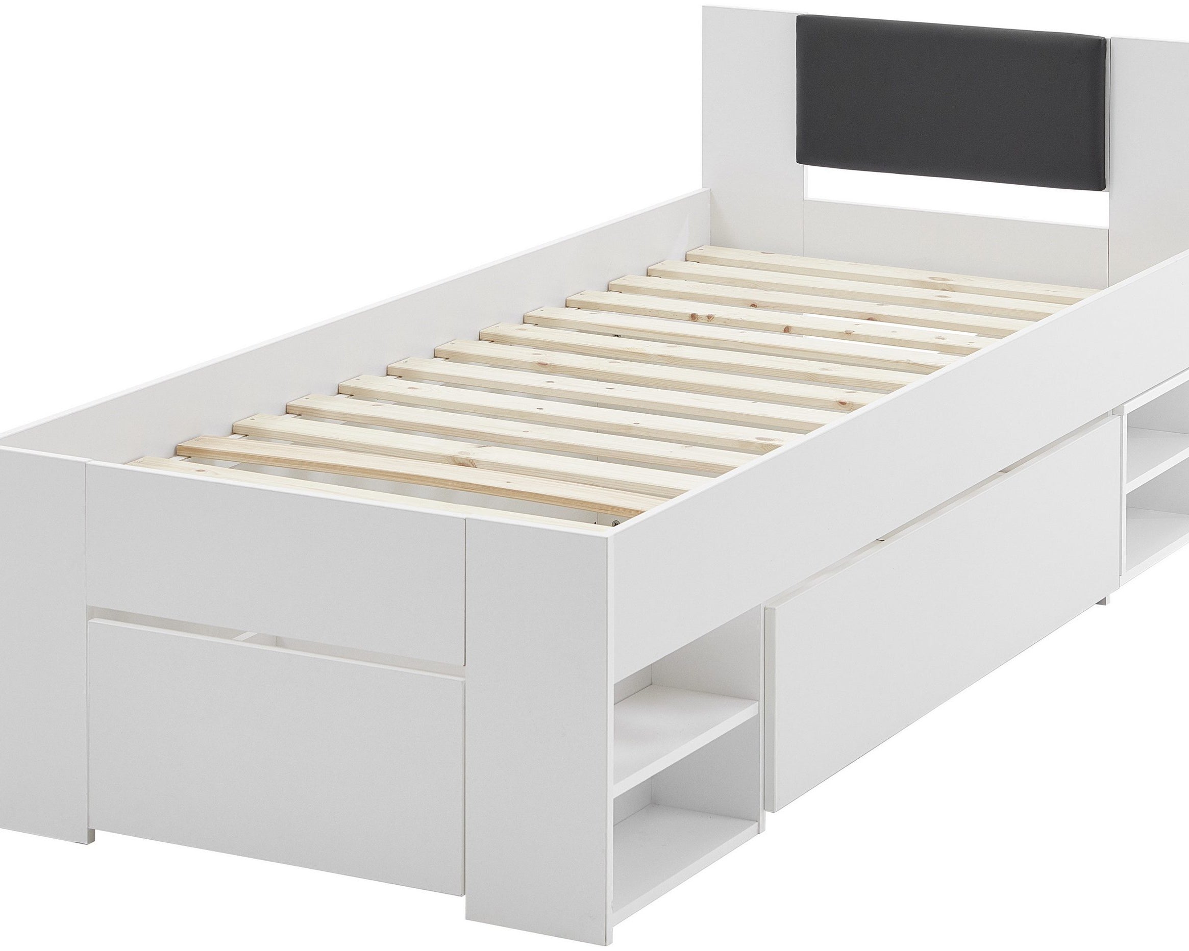 Pat single Relita – cu sertare mari, noptieră pe roți și spațiu de depozitare – alb, 90x200 cm Arboteca