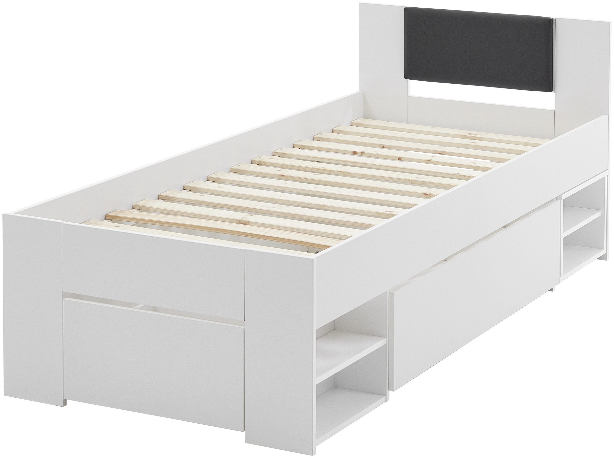 Pat single Relita – cu sertare mari, noptieră pe roți și spațiu de depozitare – alb, 90x200 cm Arboteca