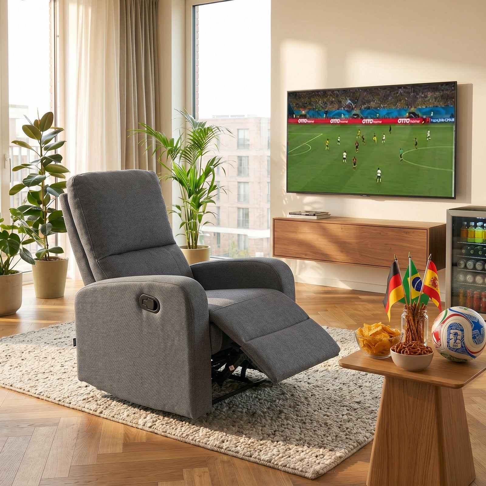Fotoliu recliner Tournay cu suport picioare, textil gri închis Arboteca