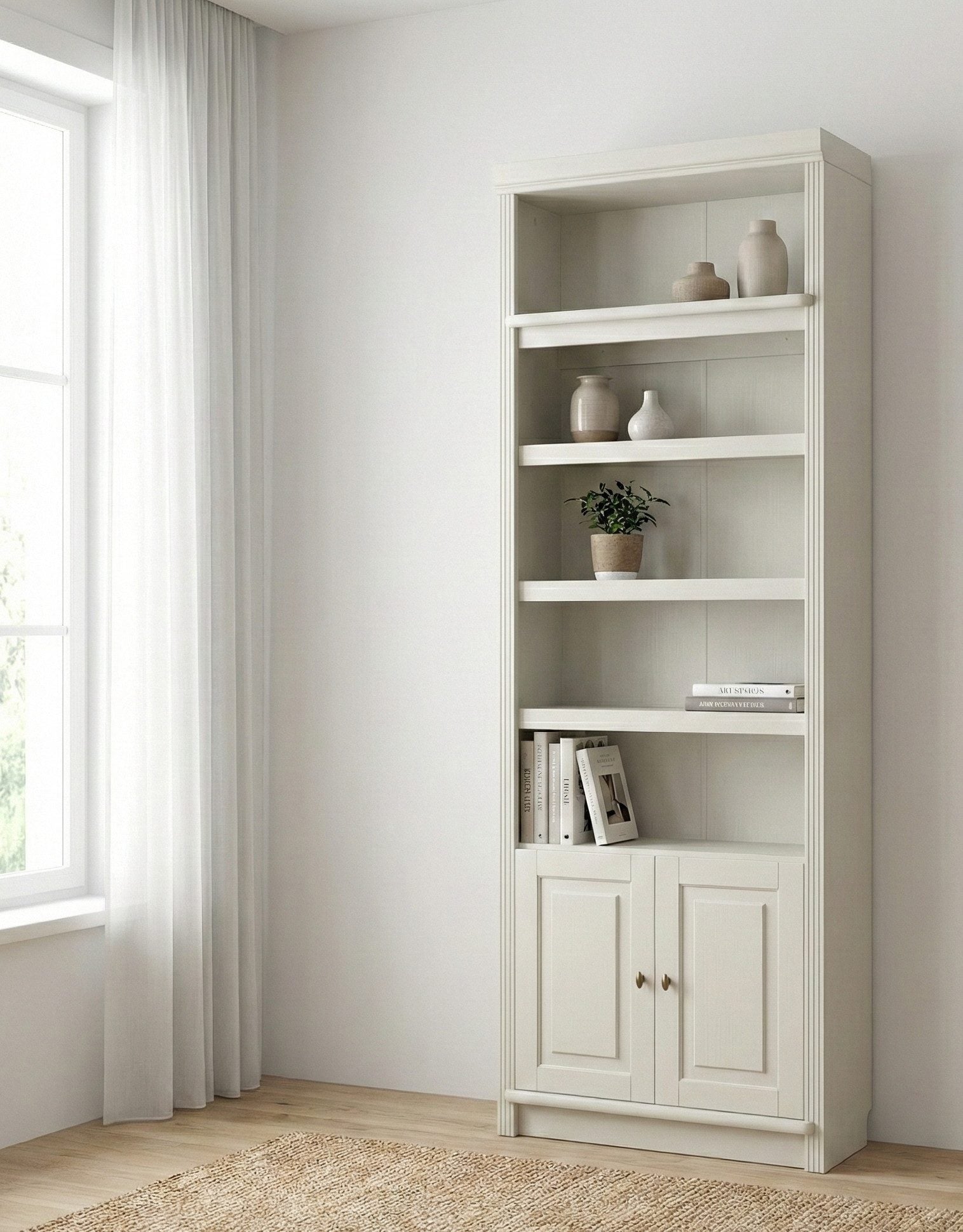 Bibliotecă din lemn masiv de pin Soeren, 2 uși, 80×29×220 cm – alb crem Arboteca