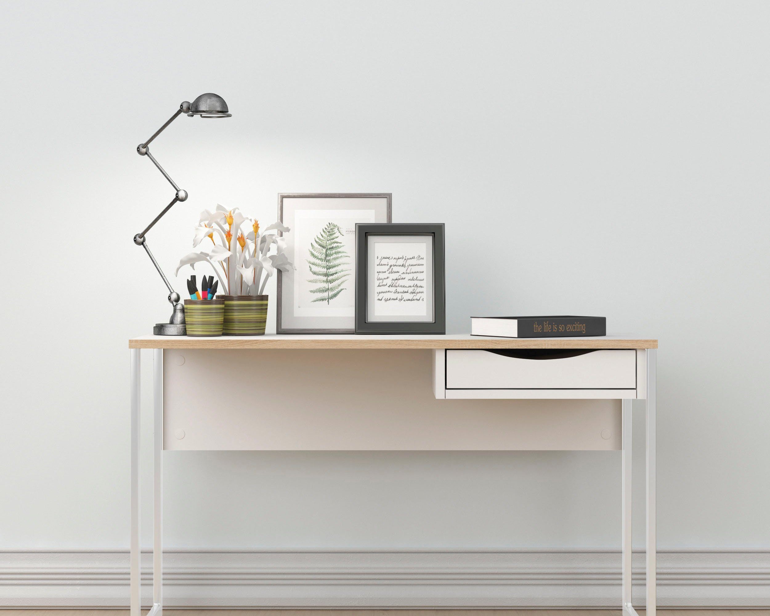 Birou Plus cu sertar, alb, 130 cm Arboteca