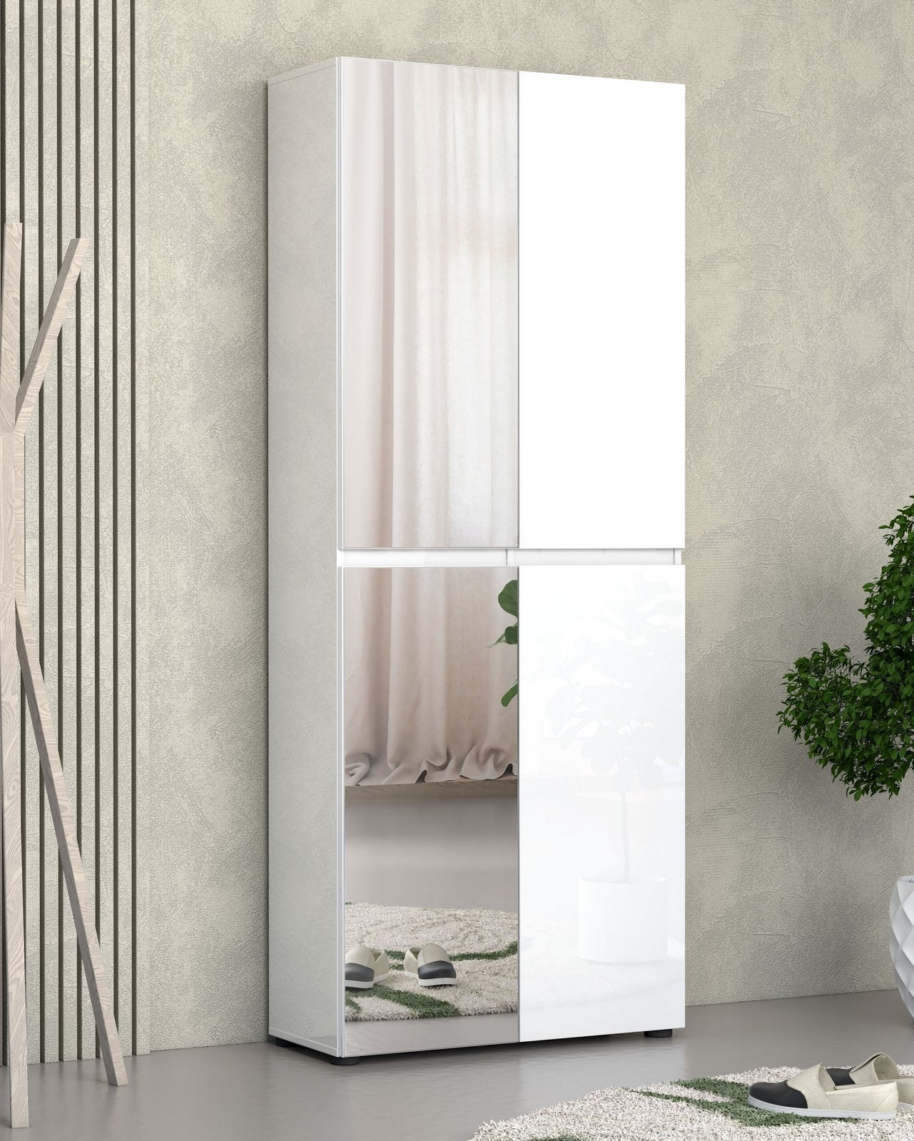 Pantofar înalt Mister cu oglinzi, alb lucios, 80×34×200 cm, 12 compartimente Arboteca