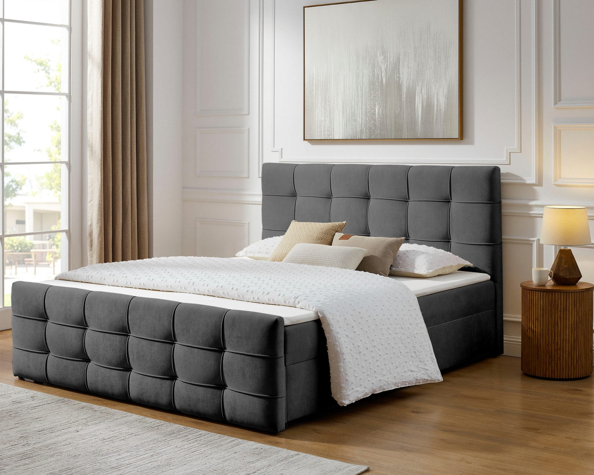 Pat boxspring Lilienne, 180×200 cm, ladă depozitare, saltea H3 + topper Arboteca