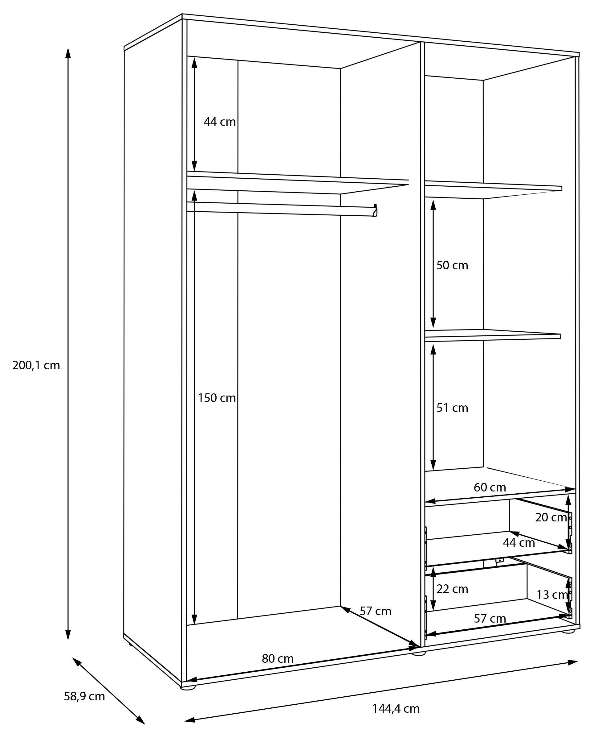 Dulap Negru TENDENCY cu Uși Batante și 2 Sertare – 144,4x58,8x200,1 cm Arboteca