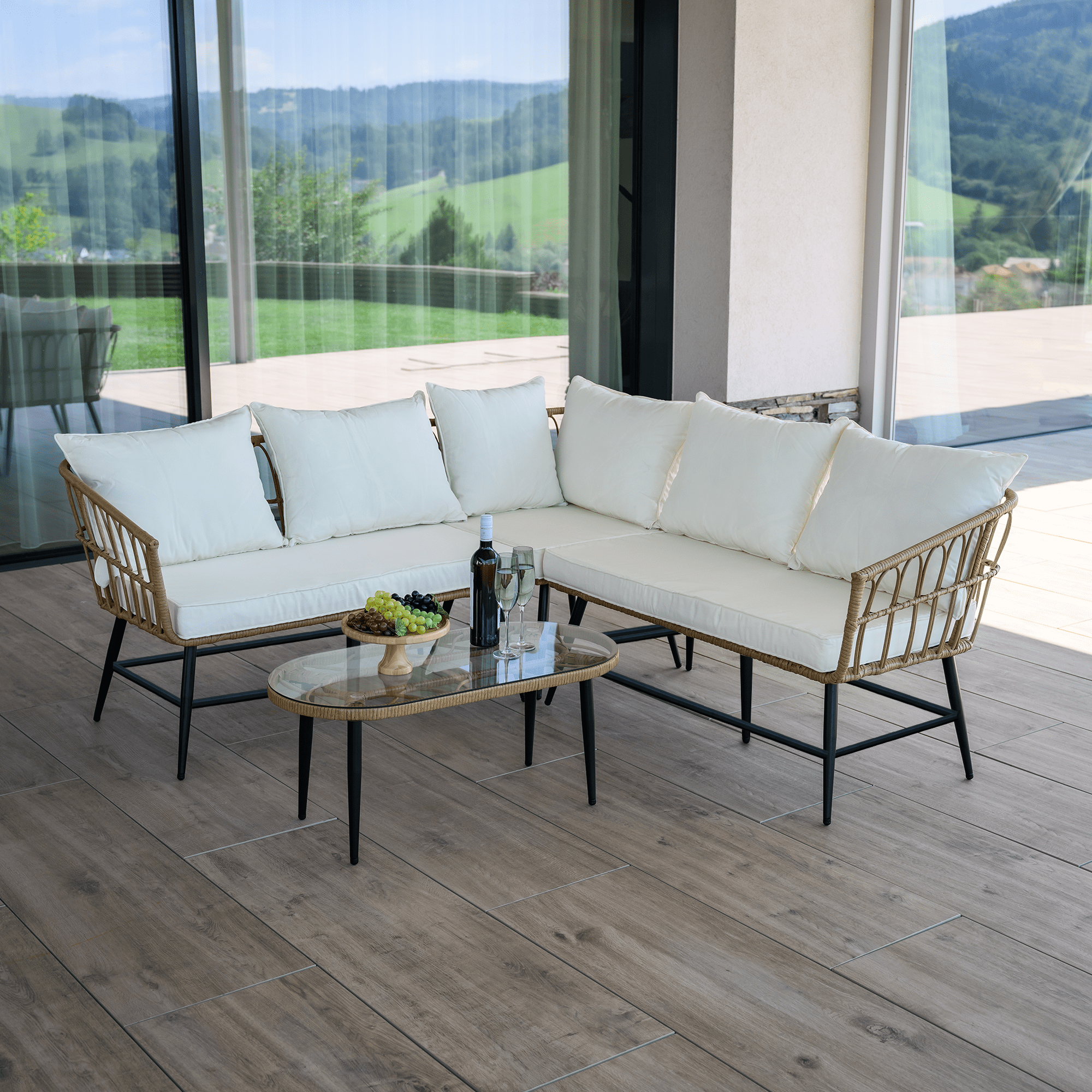 Set Grădină Ratan Sintetic ARALY | Colțar + Masă Sticlă Temperată | Natural/Bej/Negru | Kondela