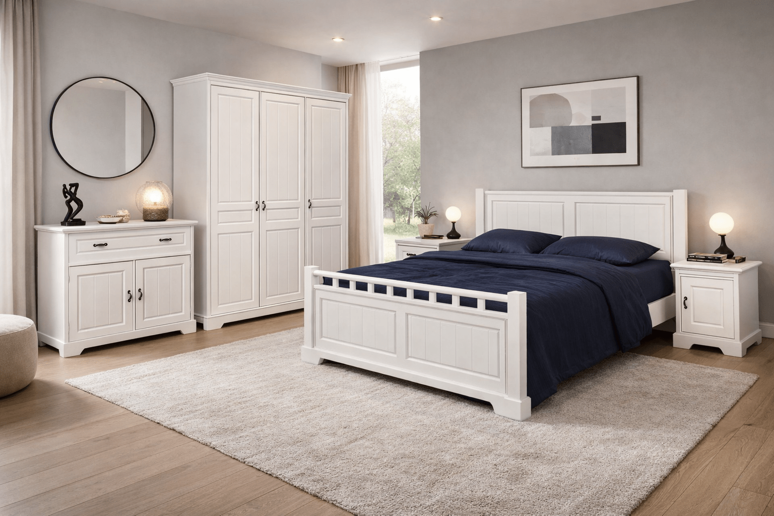 Set dormitor lemn masiv Ariana, 4 piese - pat, dulap 3 uși, comodă, 2 noptiere, alb Arboteca