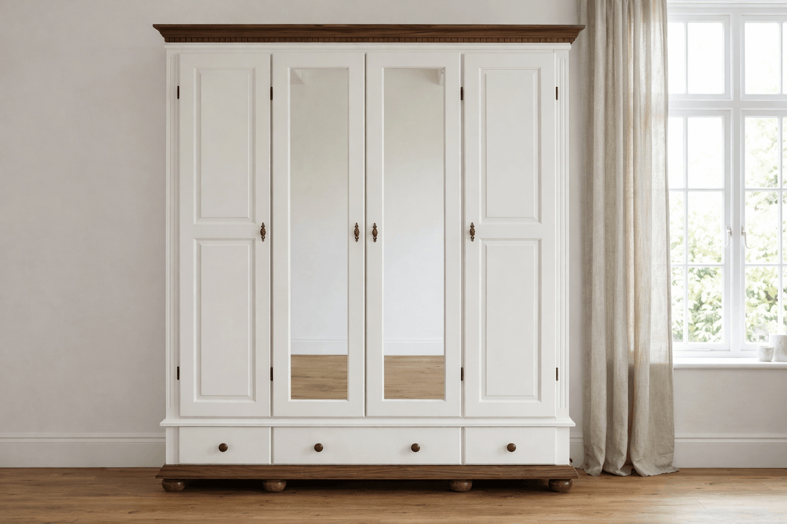 Dulap cu patru usi Bavaria din lemn masiv, Alb-Nuc Arboteca