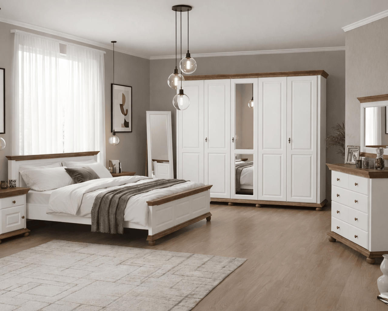 Dormitor din lemn masiv Bavaria Alb-Nuc Arboteca