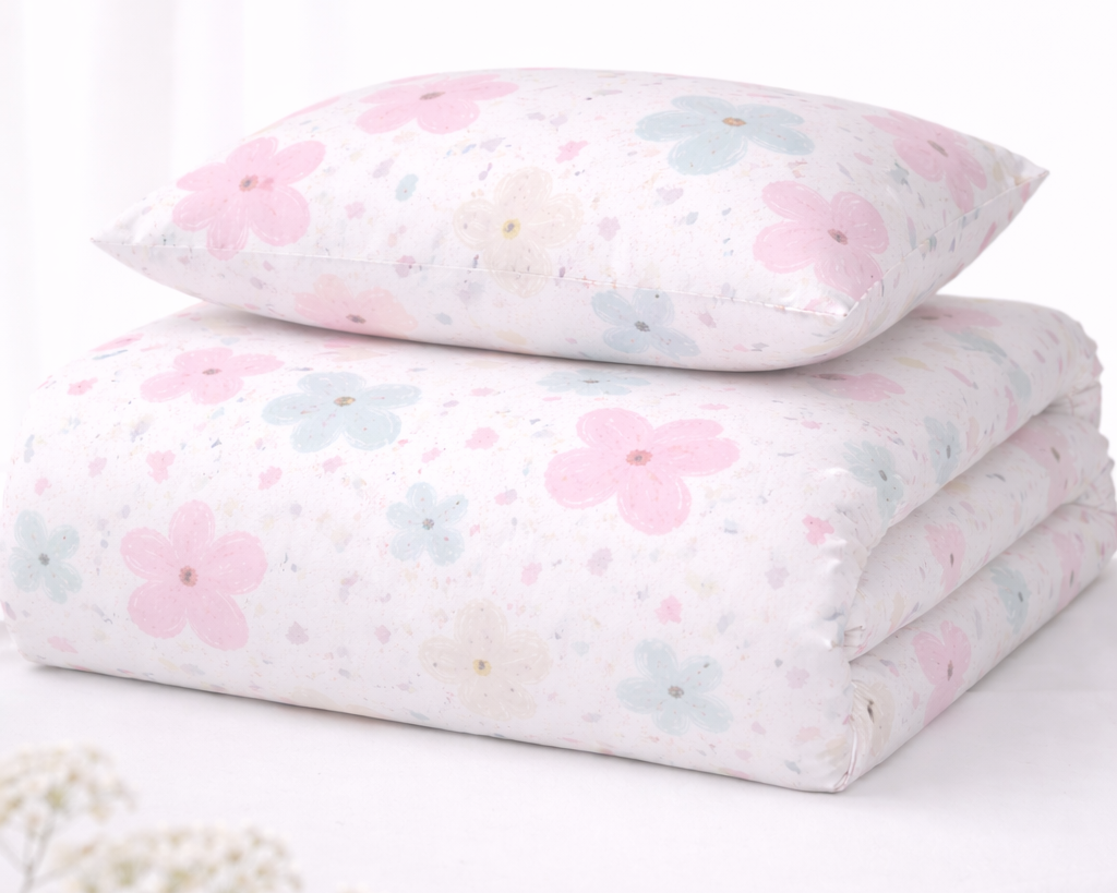 Lenjerie de pat bumbac satinat 100%, model flori pictate, 130 g/m², cu fermoar Arboteca